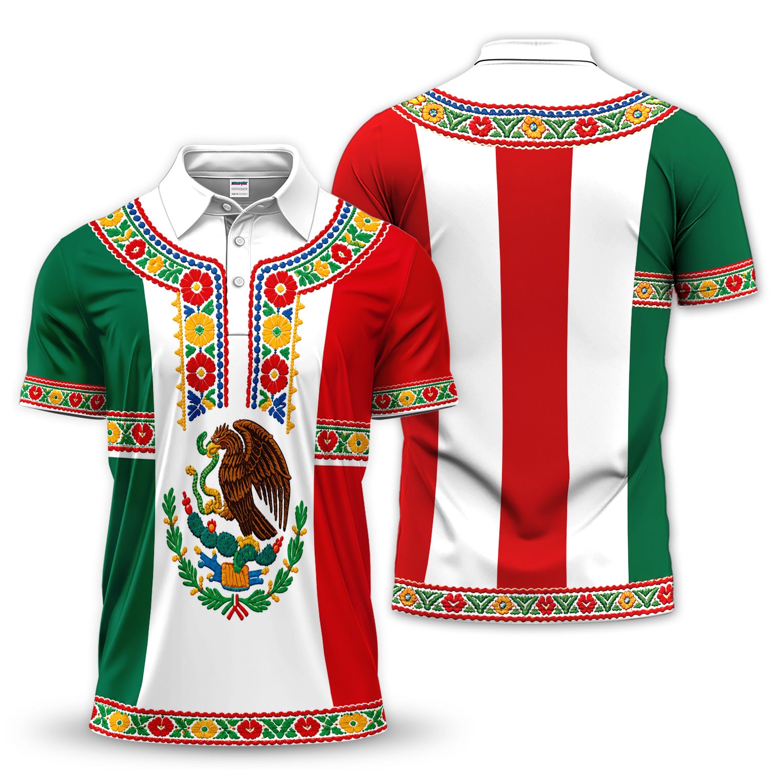 Mexican Heritage Floral Golf Pattern Shirt, Mexico Eagle Golf Shirt For Men, Patriotic Golf Gift