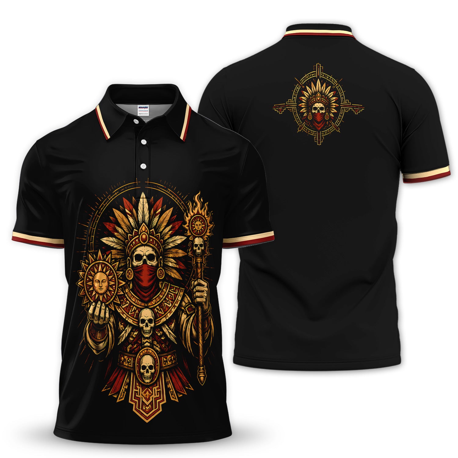 Calavera Warrior Polo Shirt for Men – Aztec-Inspired Mexican Skull Guardian Polo