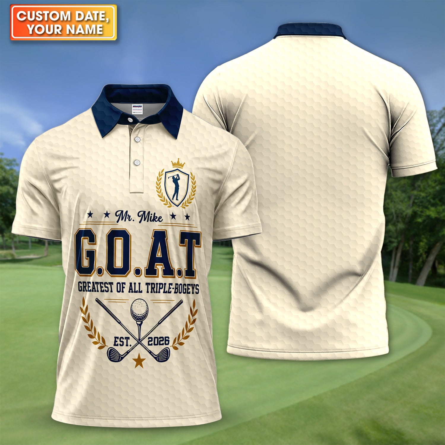 Custom G.O.A.T Golf Polo Shirt for Men – Personalized Greatest of All Triple Bogeys Funny Golf Polo, Custom Name & Date Golf Gift for Dad