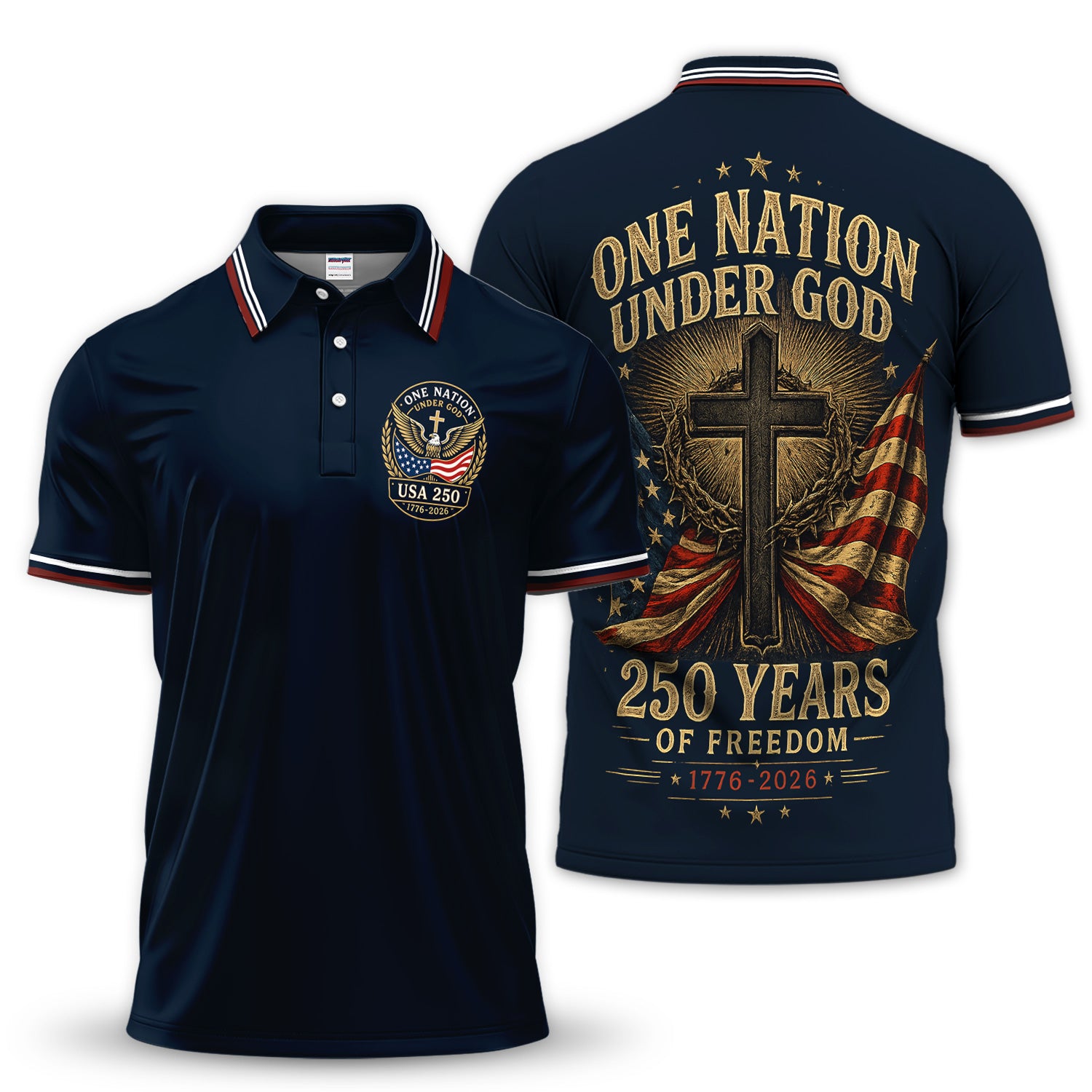 USA 250th Anniversary Christian Patriotic Polo Shirt for Men – One Nation Under God 250 Years of Freedom Polo