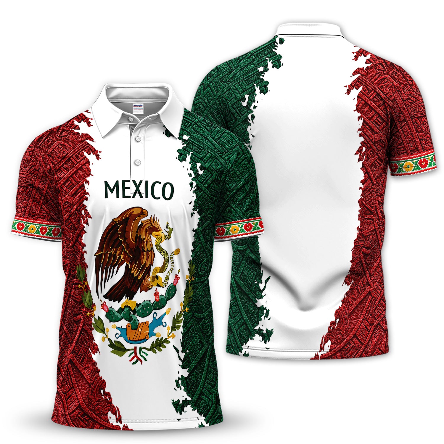 Mexican Aztec Eagle Golf Pattern Shirt, Mexico Heritage Golf Shirt For Men, Hispanic Heritage Pride shirt