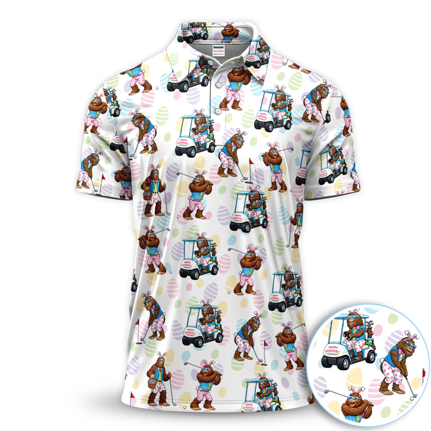 Funny Easter Bigfoot Golf Polo Shirt, Bunny Sasquatch Golfer Shirt, Unique Golf Gift for Men