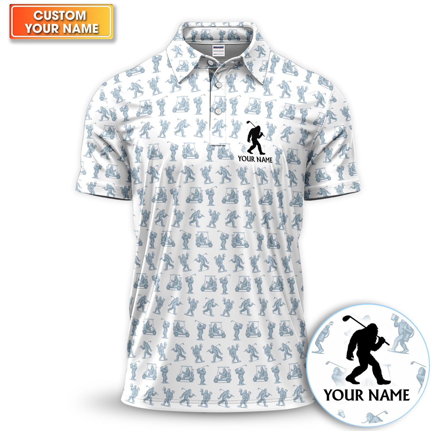 Personalized Bigfoot Golf Cart Pattern Polo Shirt, Funny Golf Shirt For Men, Golf Gift For Golfer