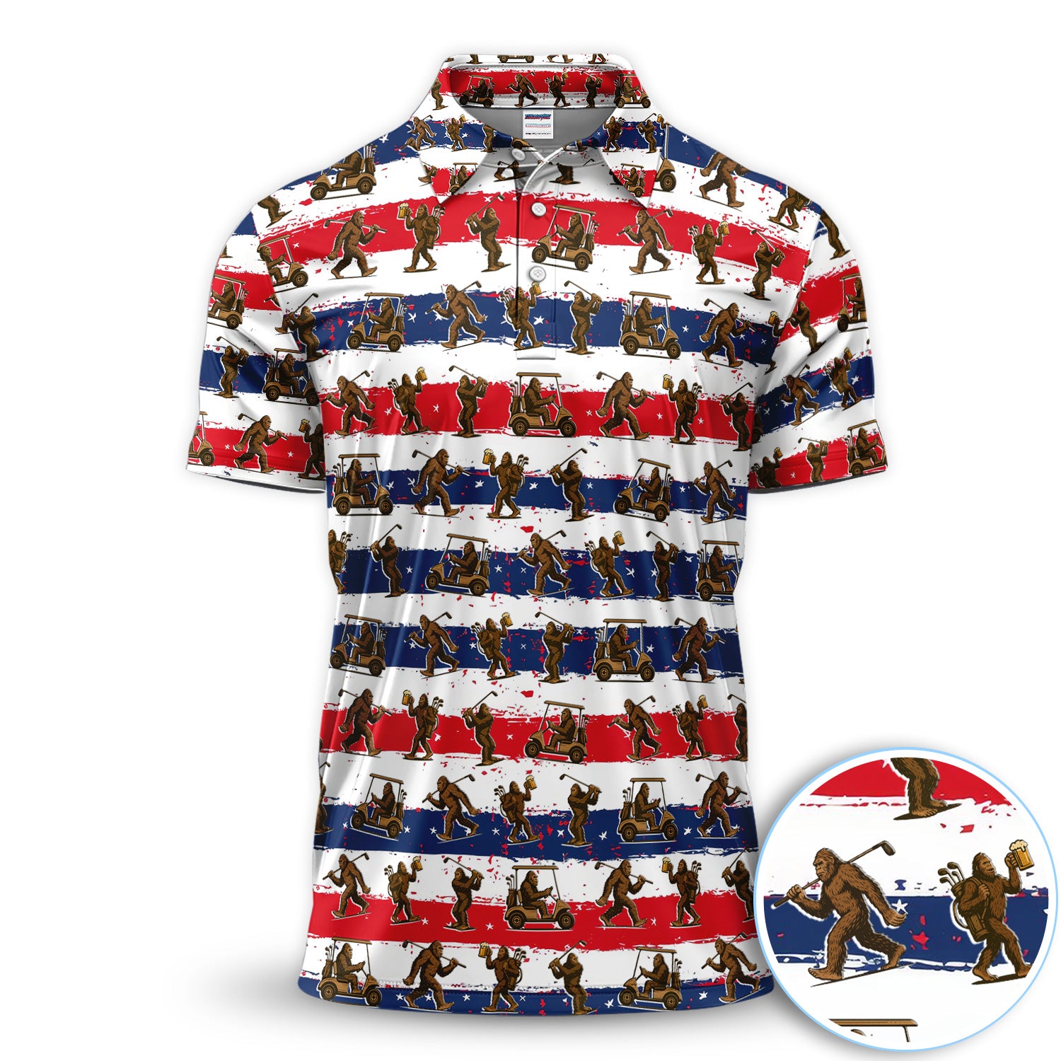 Funny Bigfoot Beer Golf Pattern Shirt, Sasquatch Golf Shirt For Men, Patriotic Golf Gift