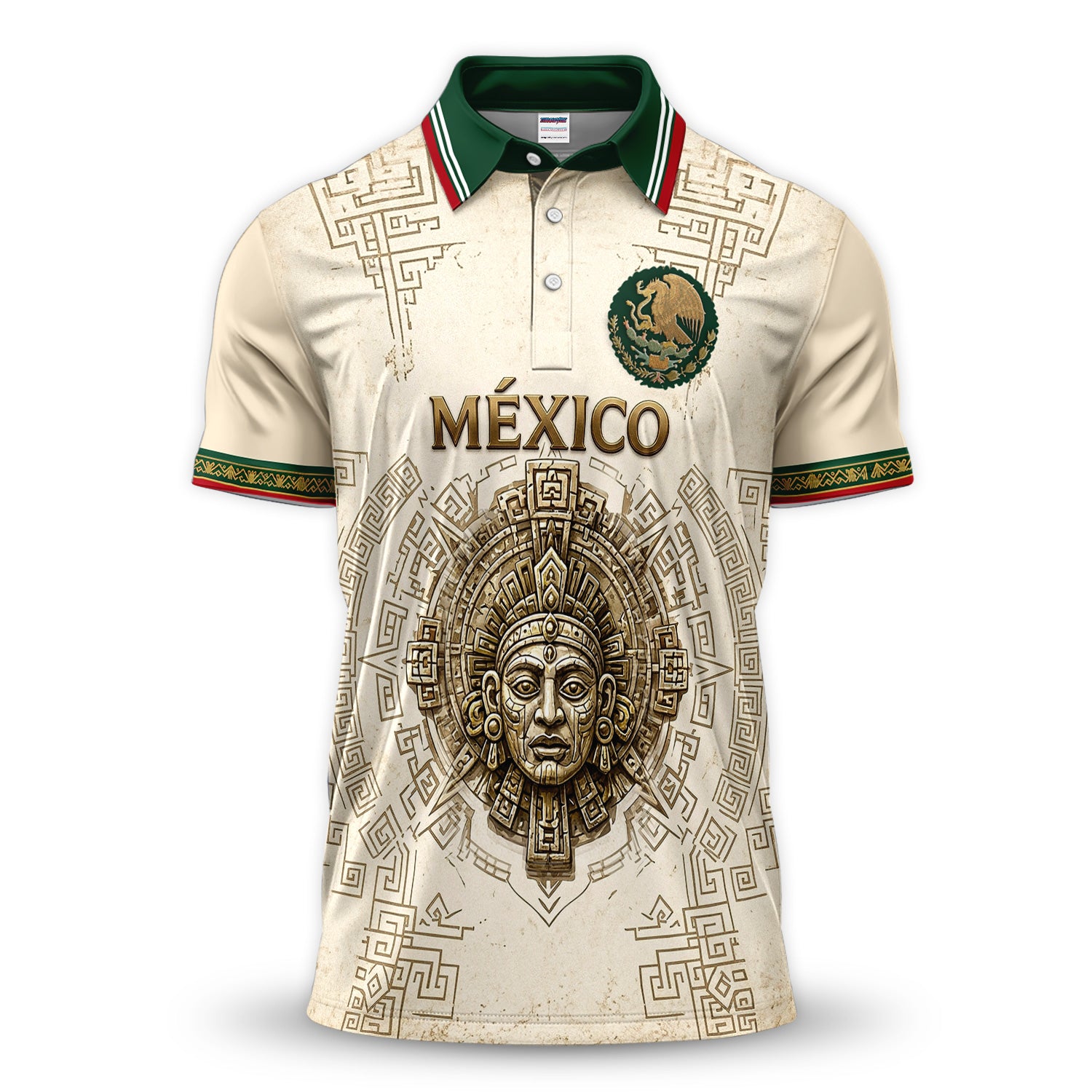 Mexico Aztec Sun Stone Polo Shirt for Men – Ancient Heritage Mexico Pride Polo, Cream Mesoamerican Mask Shirt