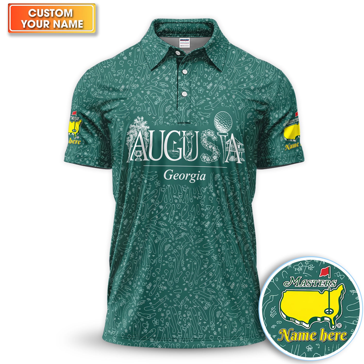 Personalized Augusta Georgia Script Golf Pattern Shirt, Custom Name Masters Golf Polo Shirt For Men, Golf Tournament Gift