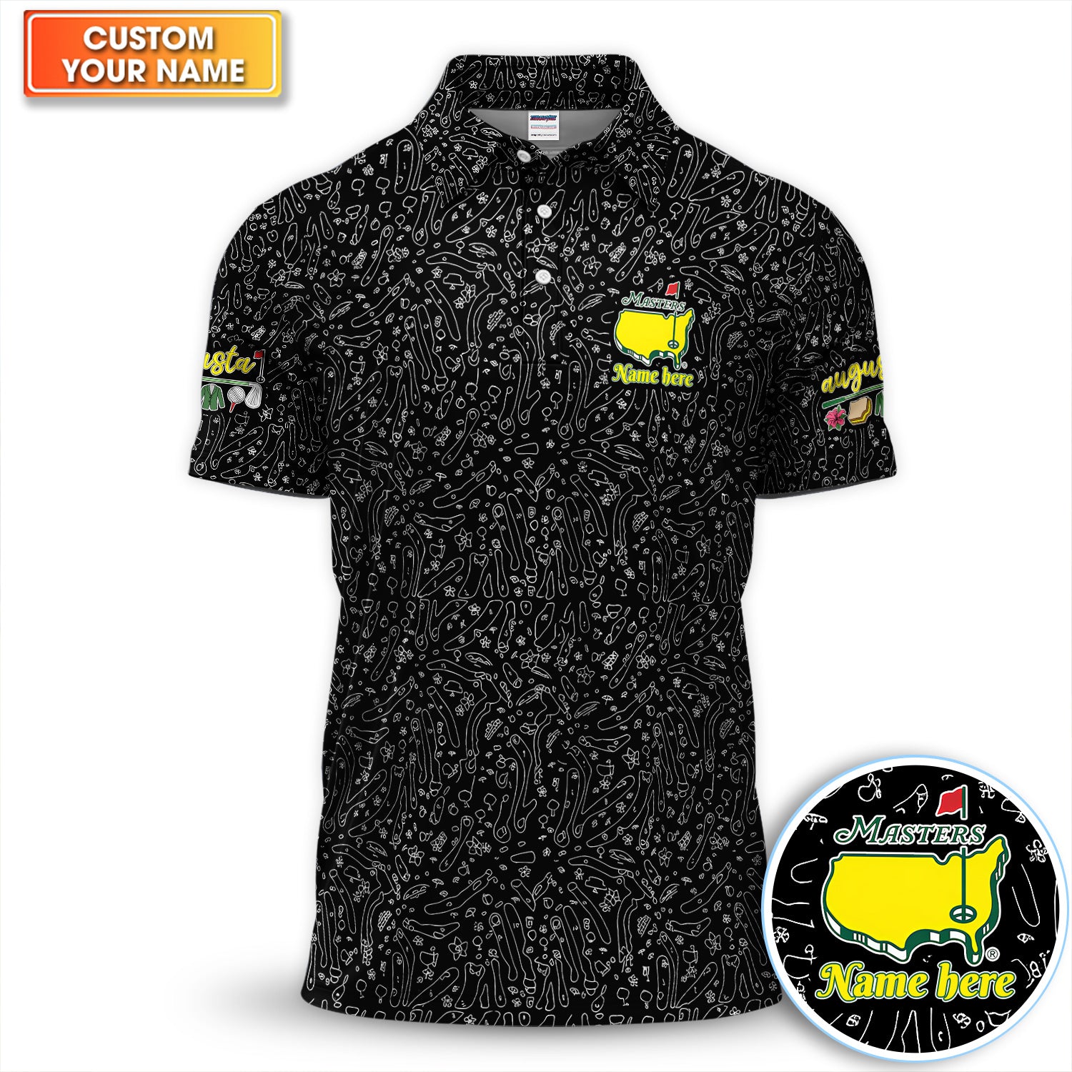 Personalized Black Golf Doodle Pattern Shirt, Custom Name Golf Icon Polo Shirt For Men, Golf Lover Gift