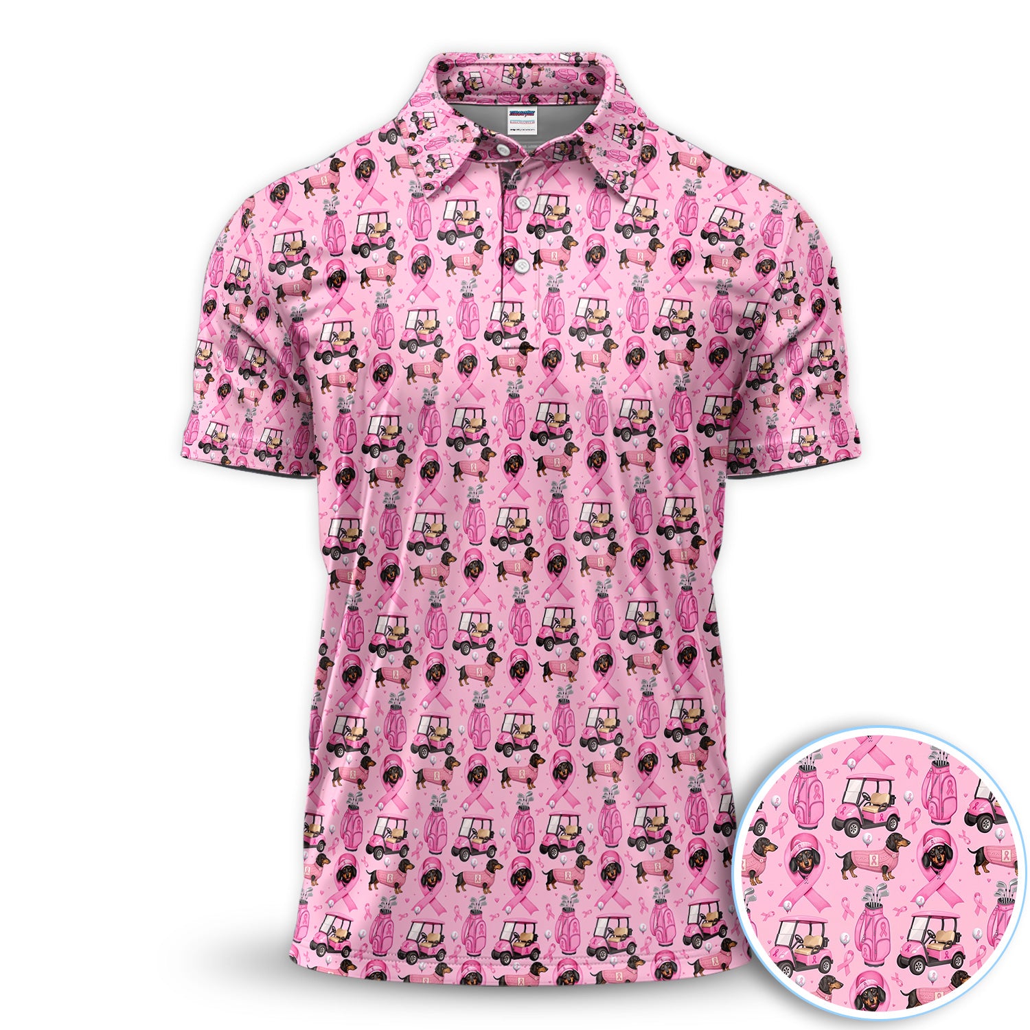 Pink Ribbon Wiener Dog Golfer Polo for Men - Breast Cancer Awareness Dachshund Golf Polo Shirt
