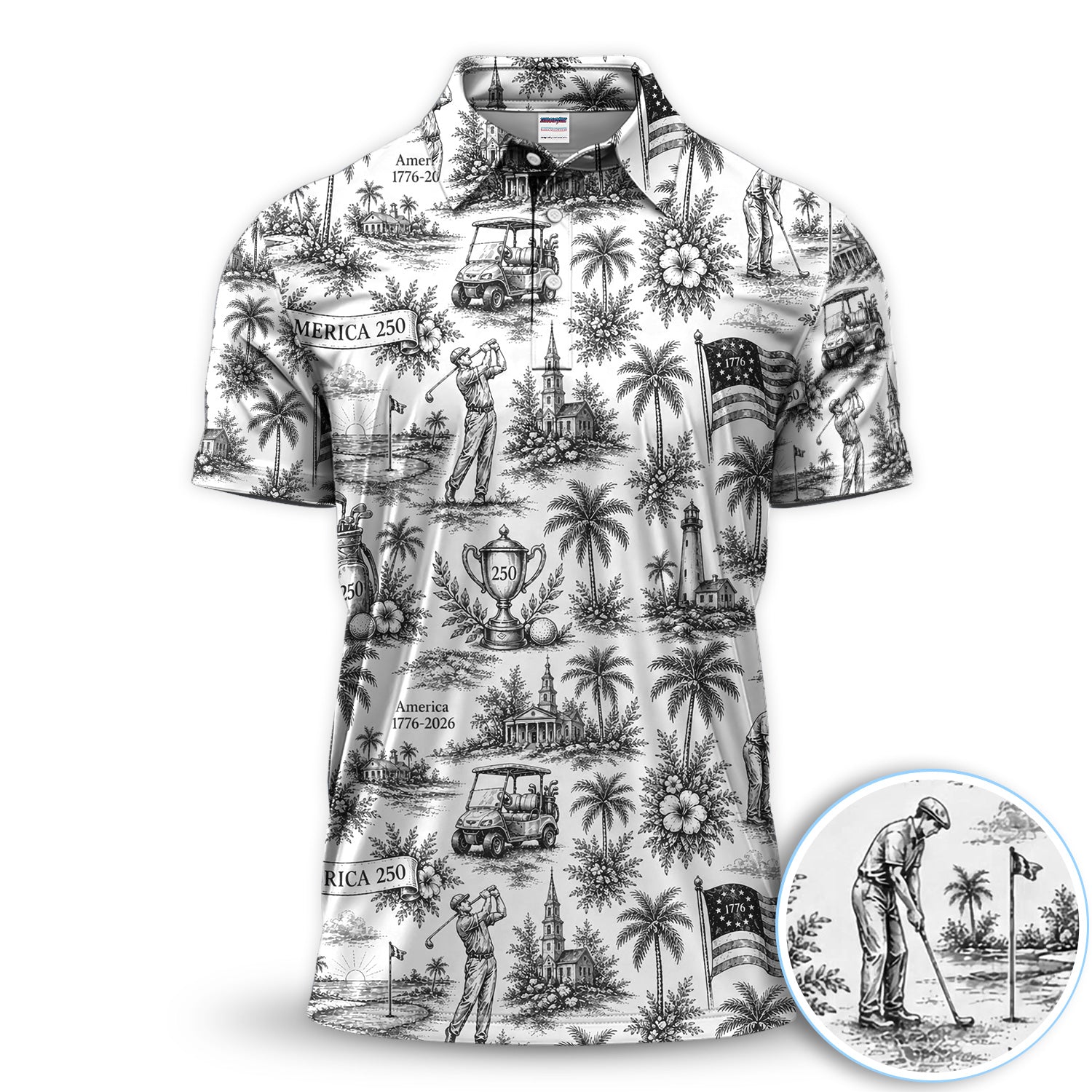 Vintage America 250 Toile Golf Pattern Shirt, America 250 Golf Shirt For Men, Patriotic Golf Gift