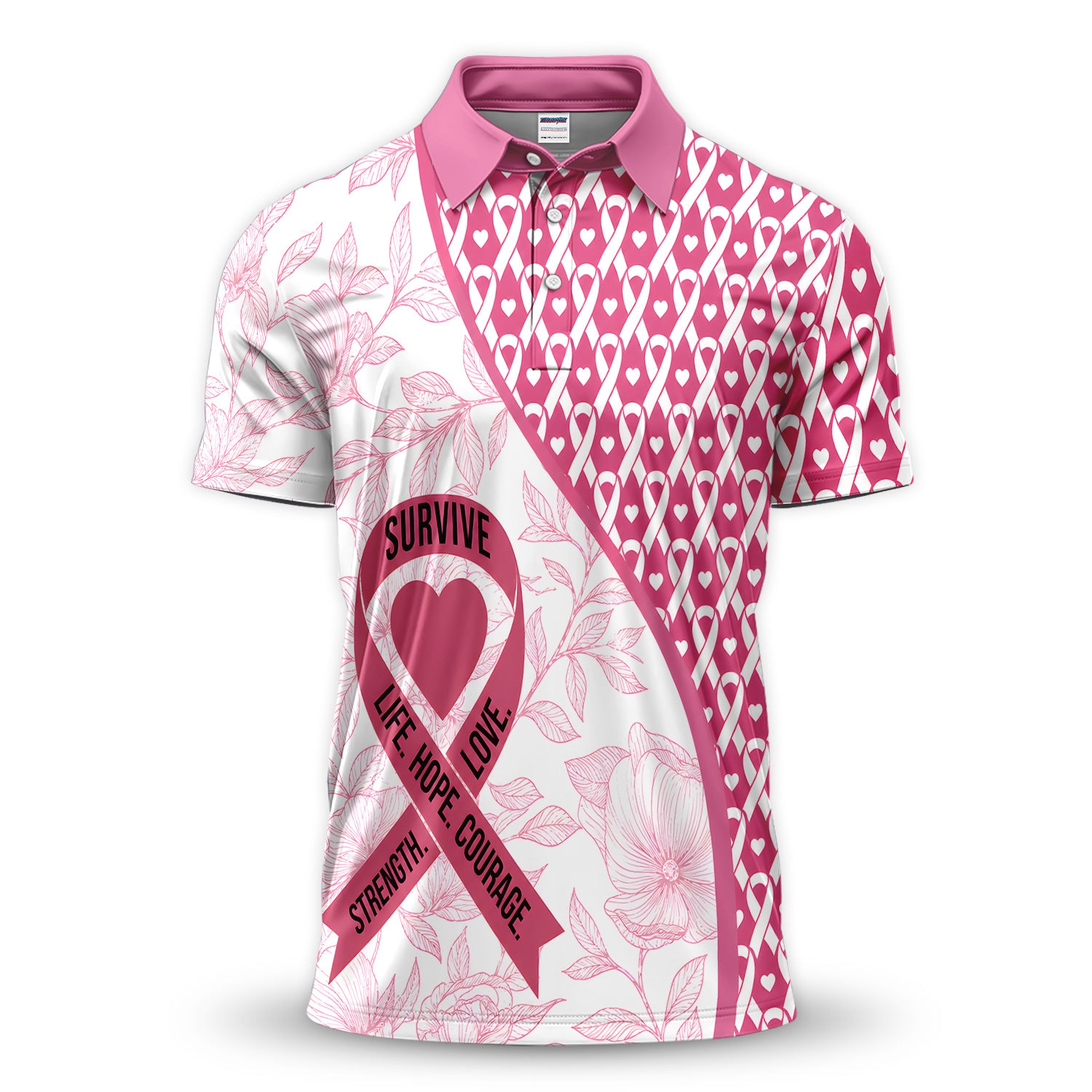 Breast Cancer Survivor Polo Shirt for Men – Strength, Hope, Love & Courage Pink Ribbon Floral Polo