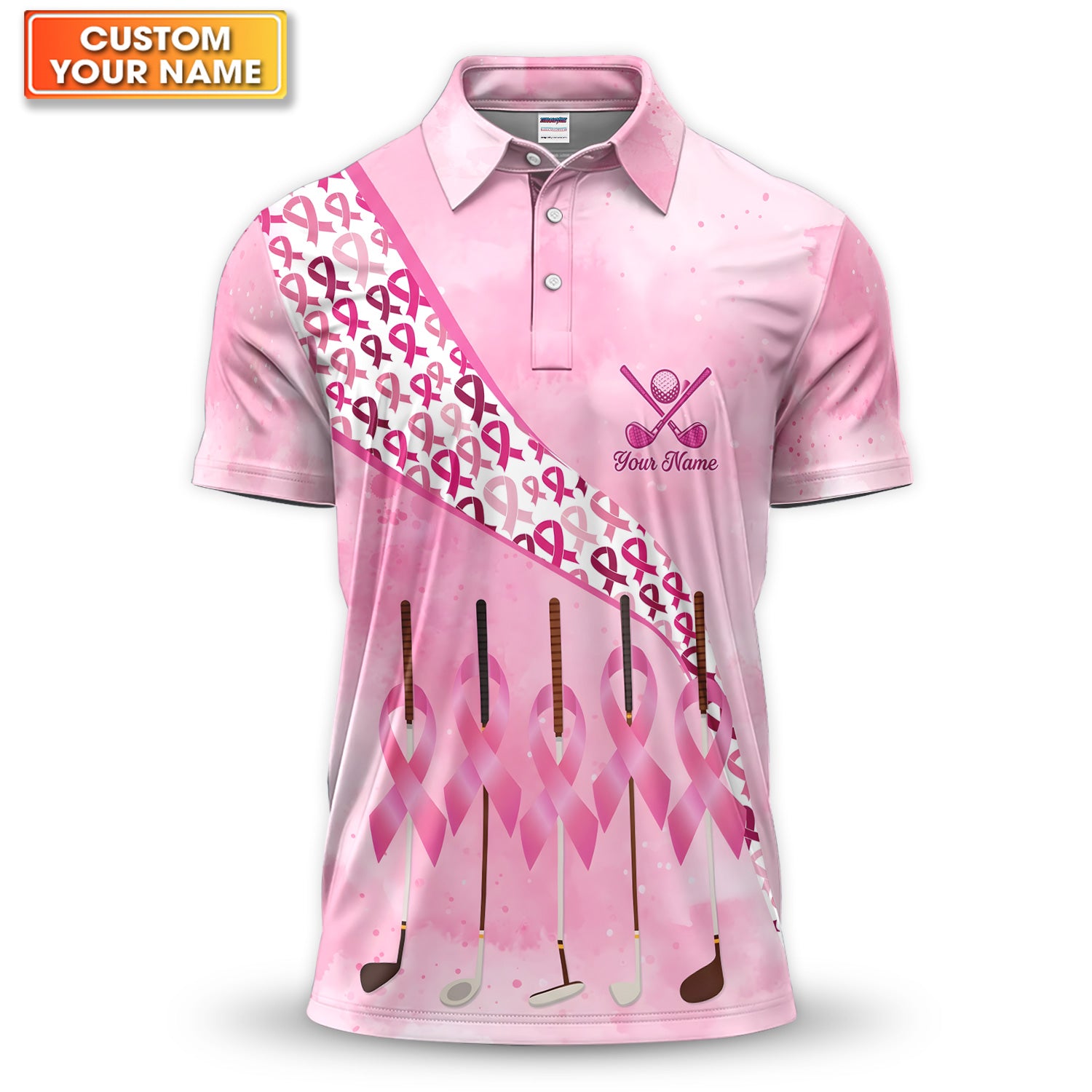 Personalized Breast Cancer Awareness Golf Polo Shirt for Men – Pink Ribbon Custom Name Golfer Polo