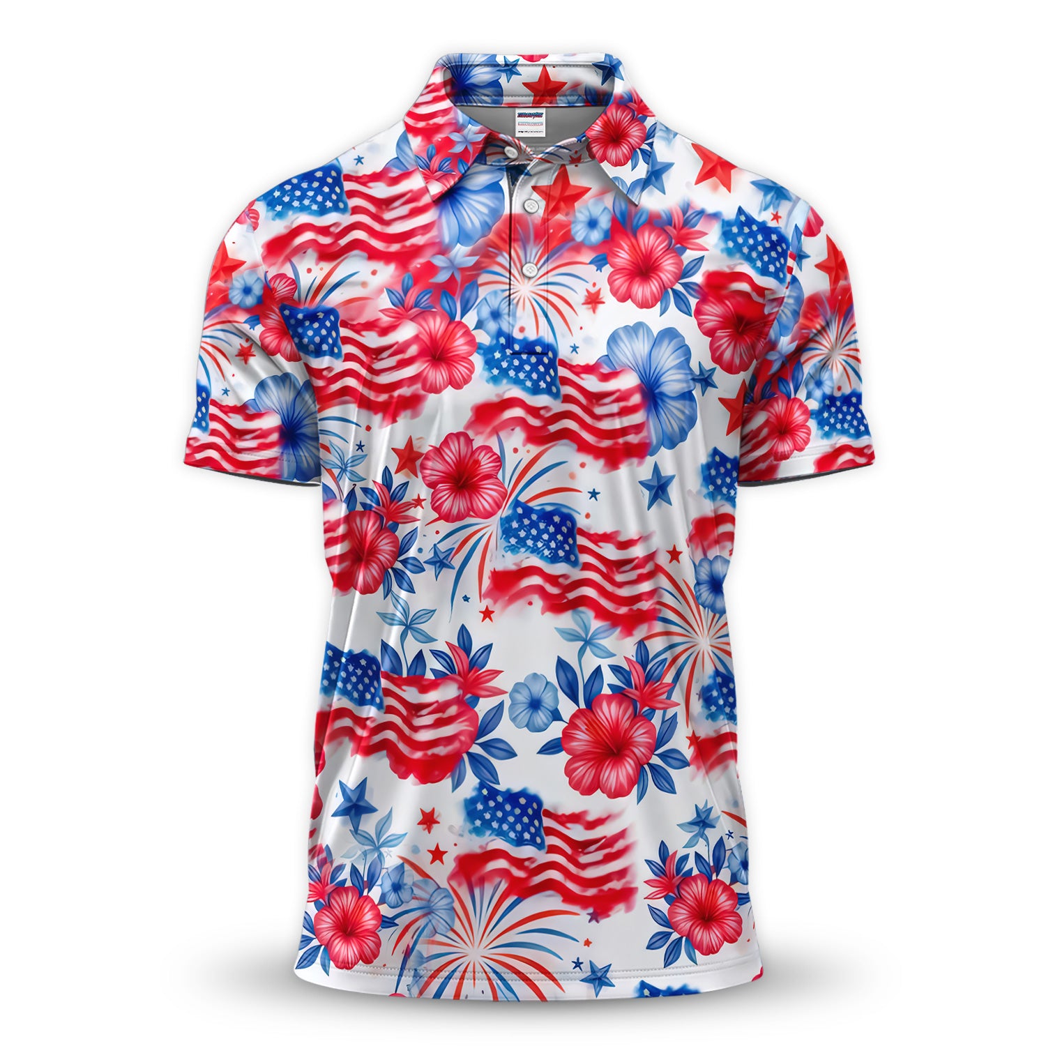 Patriotic Floral USA Flag Pattern Shirt, American Flag Fireworks Golf Polo Shirt For Men, 4th Of July Golf Gift