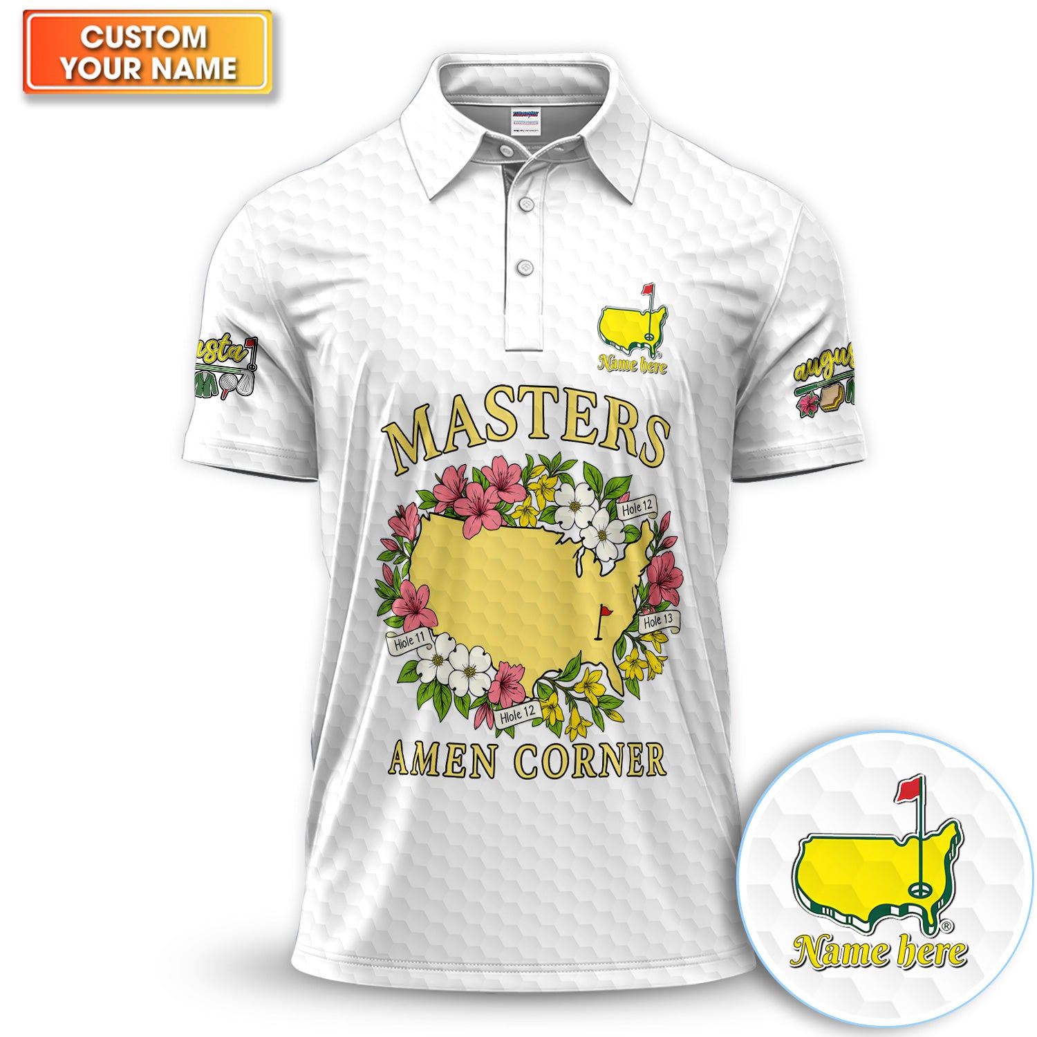 Masters Amen Corner Custom Name Polo Shirt, Augusta Golf Floral Map Design, Personalized Golf Lover Gift For Men