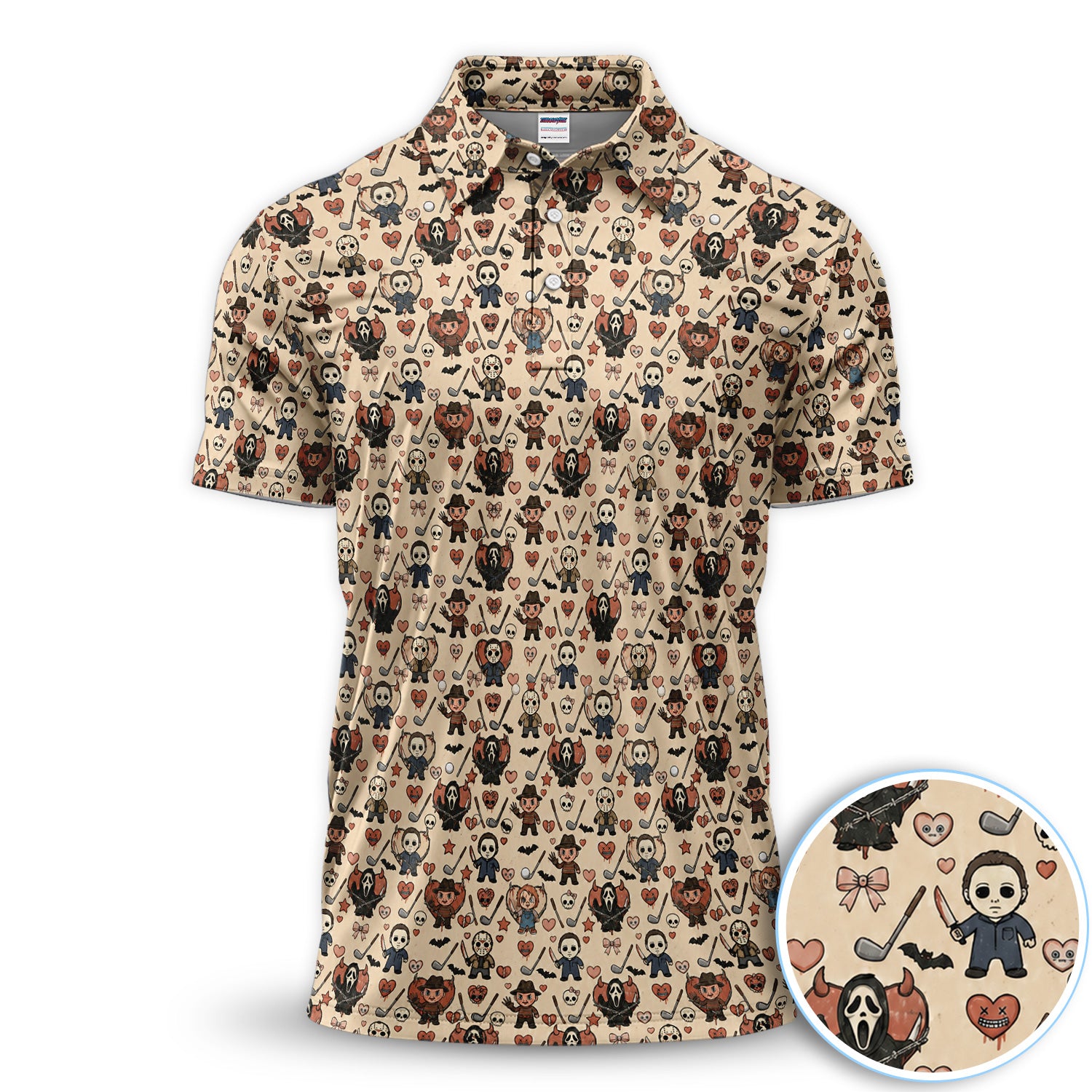 Halloween Horror Golf Polo Shirt for Men – Spooky Masked Monsters Pattern Shirt