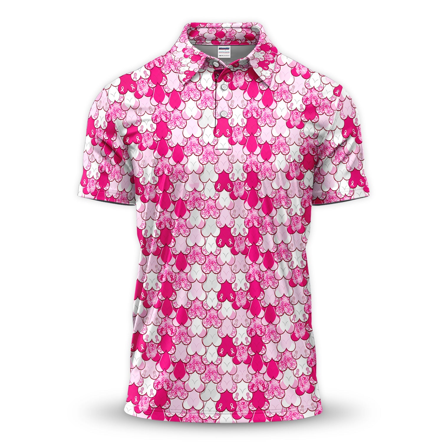 Breast Cancer Awareness Heart Polo Shirt for Men – Pink Ribbon Layered Hope Pattern Polo