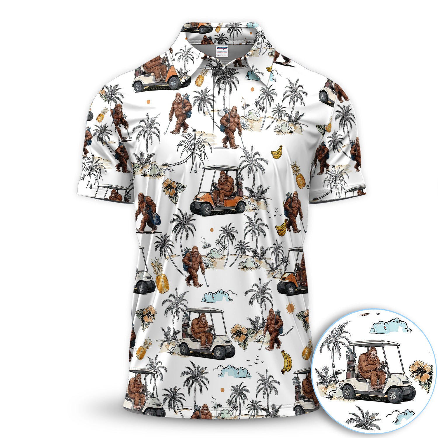 Funny Bigfoot Golf Cart Tropical Pattern Golf Shirt, Sasquatch Golfer Palm Golf Shirt For Men, Golfer Gift