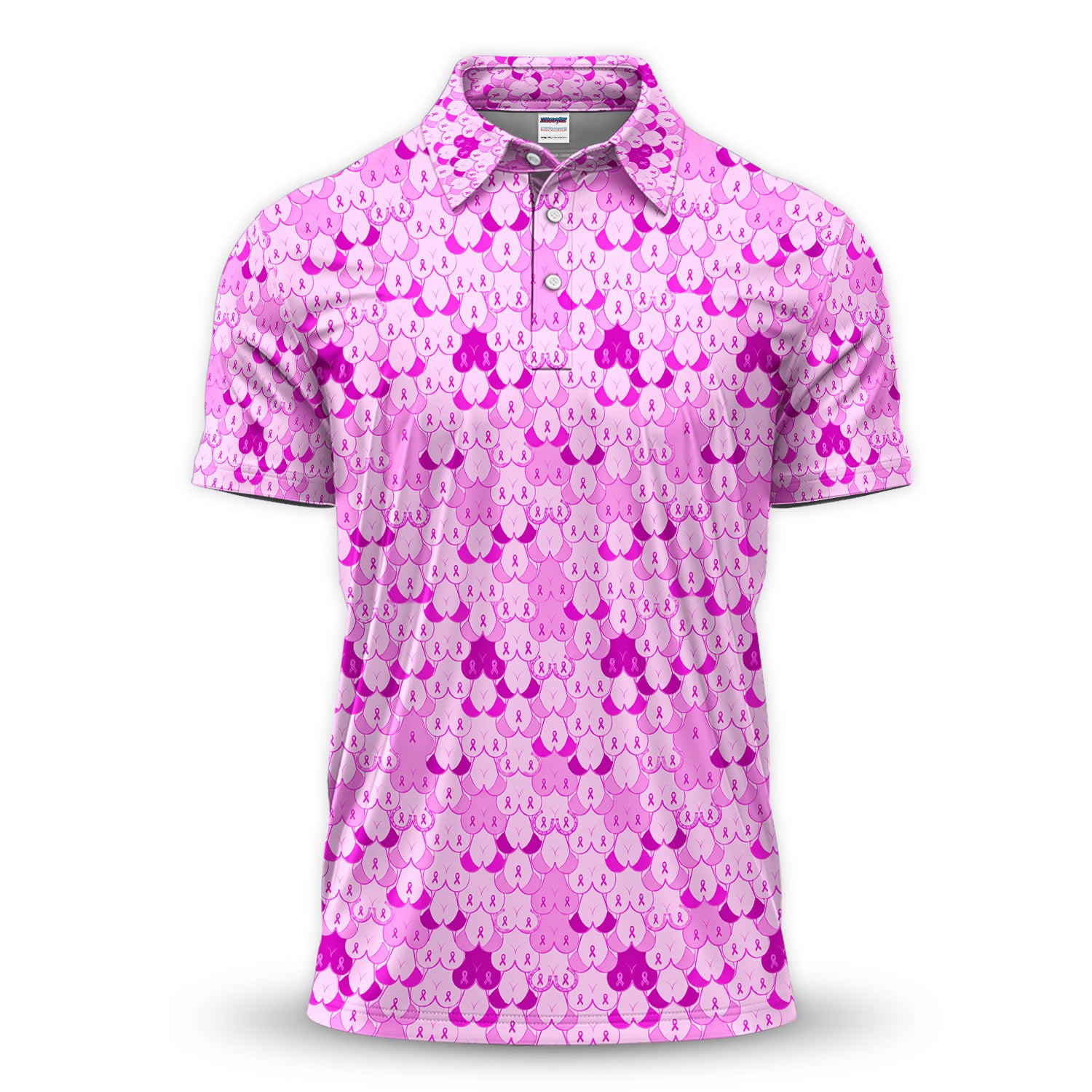 Layered Heart Hope Pattern Polo for Men - Breast Cancer Awareness Pink Ribbon Polo Shirt