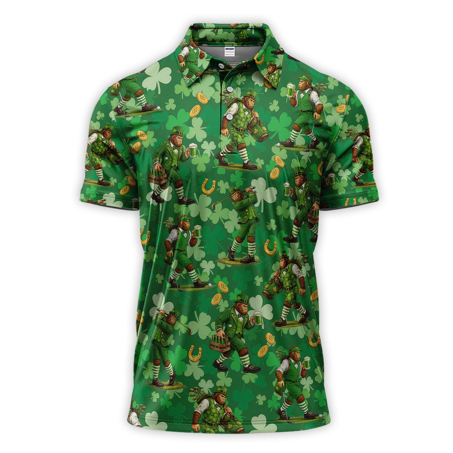 St. Patrick’s Day Bigfoot Leprechaun Golf Polos, Funny Irish Green Golf Shirt For Golfer, Golf Gift For Men