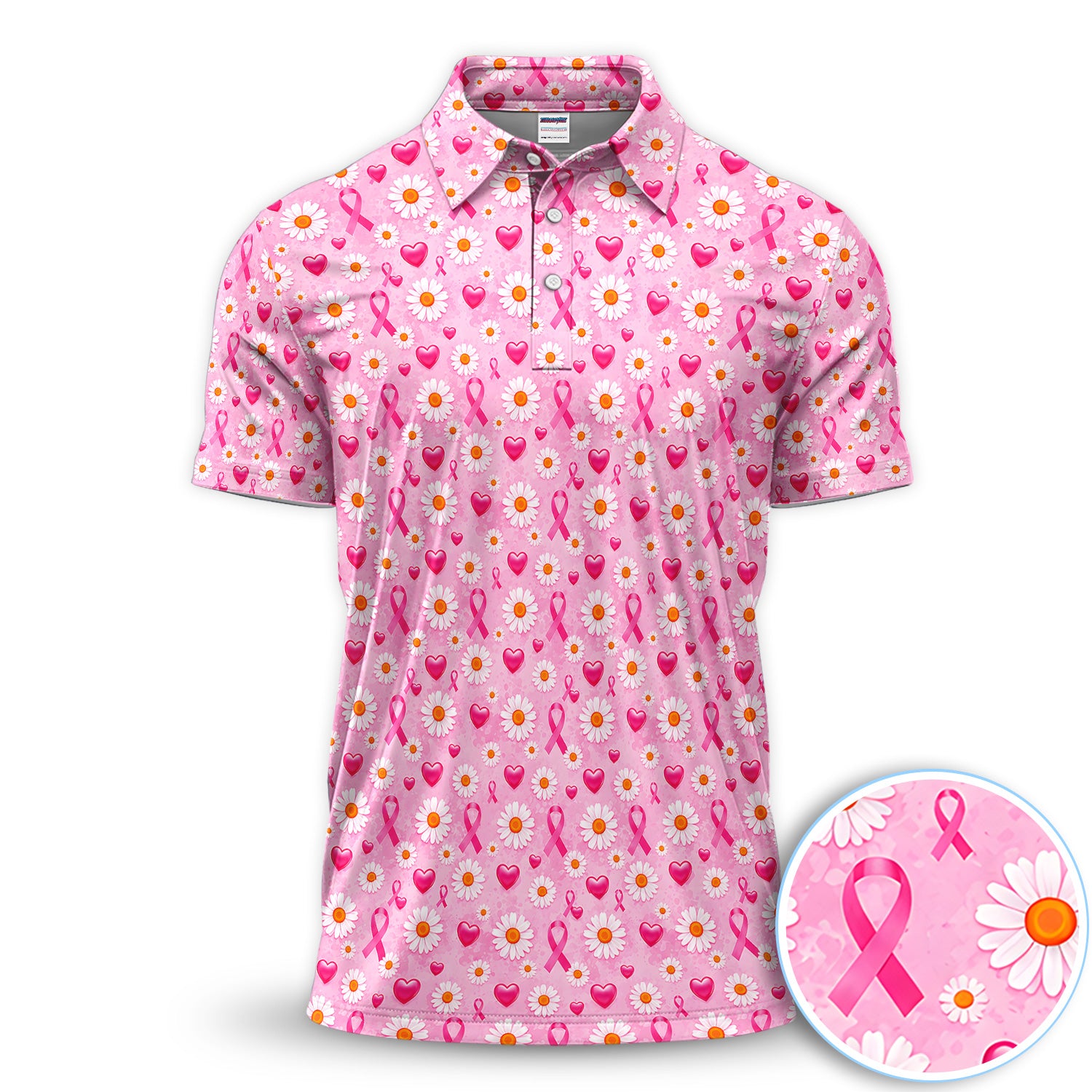 Pink Ribbon Daisy Heart Pattern Polo - Breast Cancer Awareness Polo Shirt for Men