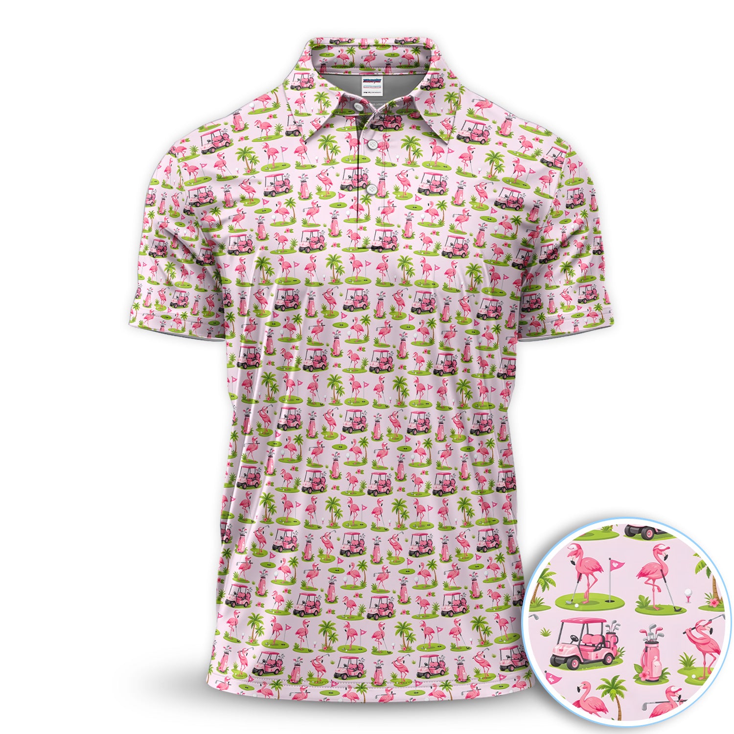Pink Flamingo Golf Polo Shirt for Men – Tropical Flamingo Golf Cart Pattern Shirt