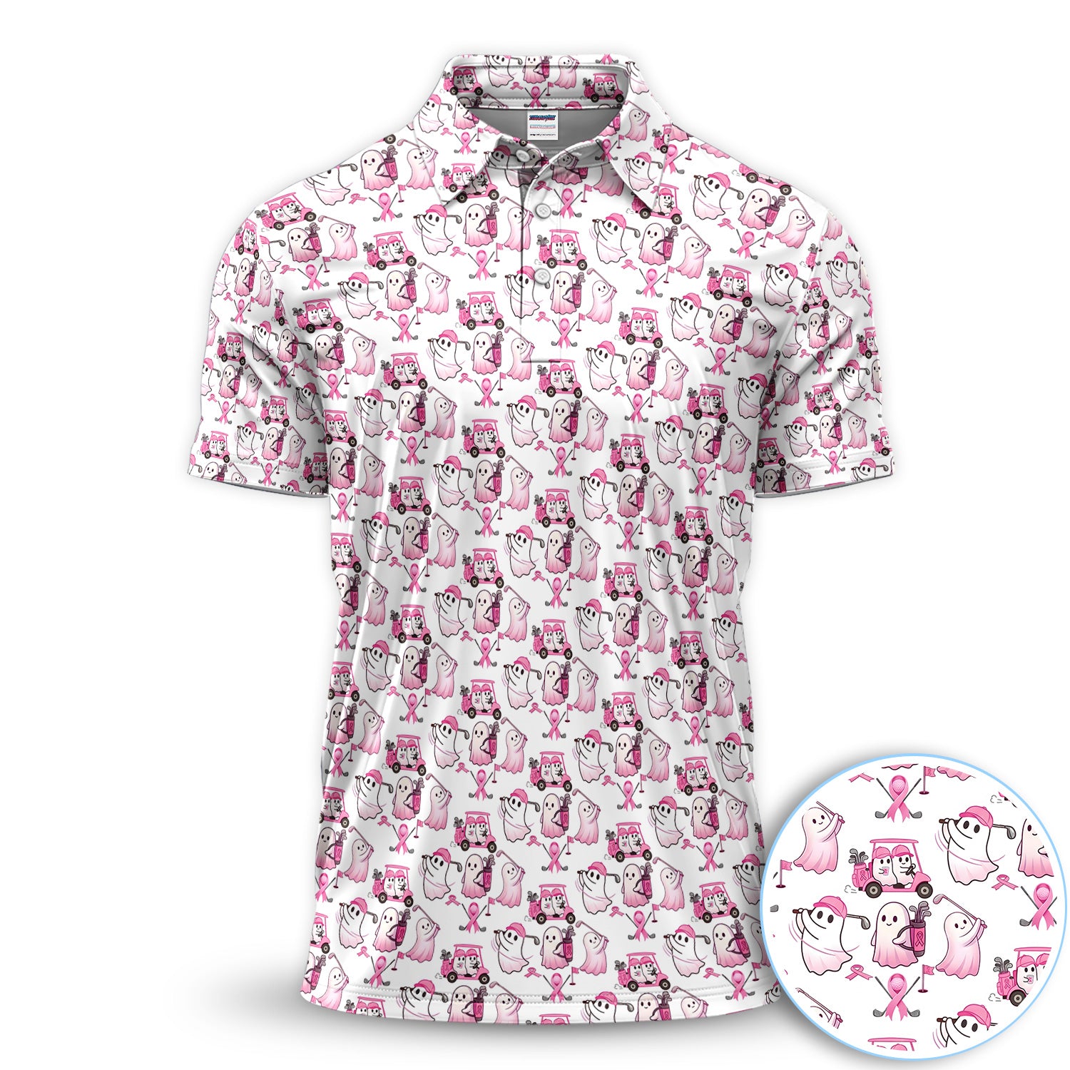 Breast Cancer Awareness Ghost Golf Polo Shirt for Men – Pink Ribbon Spooky Golfer Pattern Polo