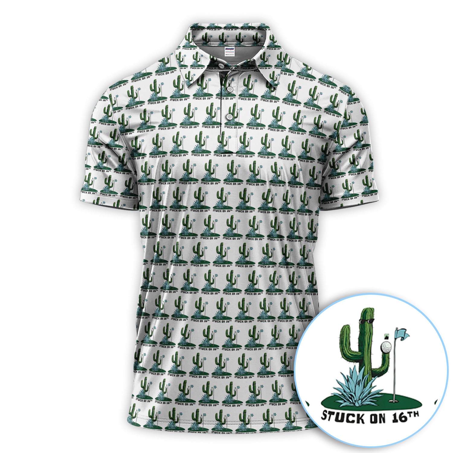 Stuck on 16th Golf Polos, Funny Cactus Golf Shirt For Golfer, Golf Gift For Men