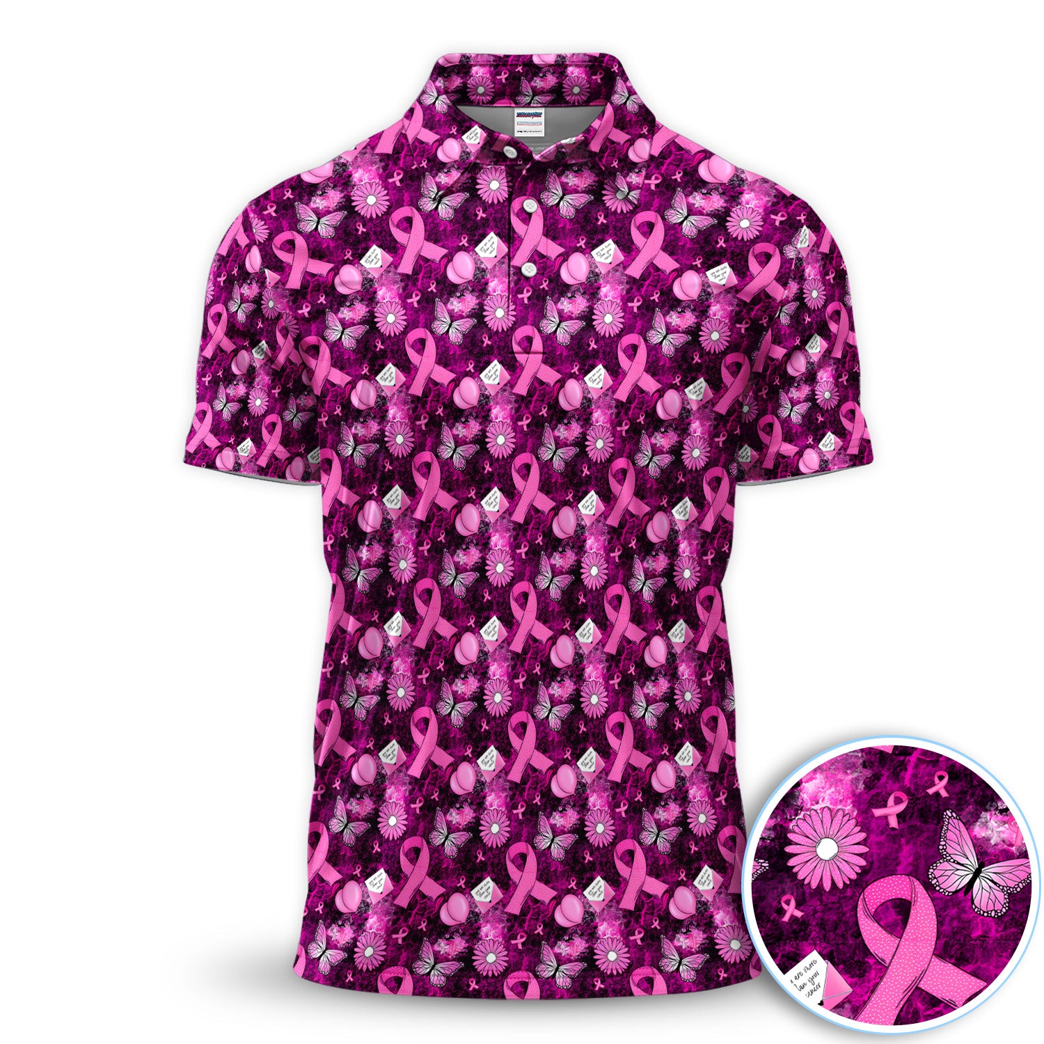 Pink Ribbon Butterfly Floral Support Shirt - Breast Cancer Awareness Polo Shirt for Men