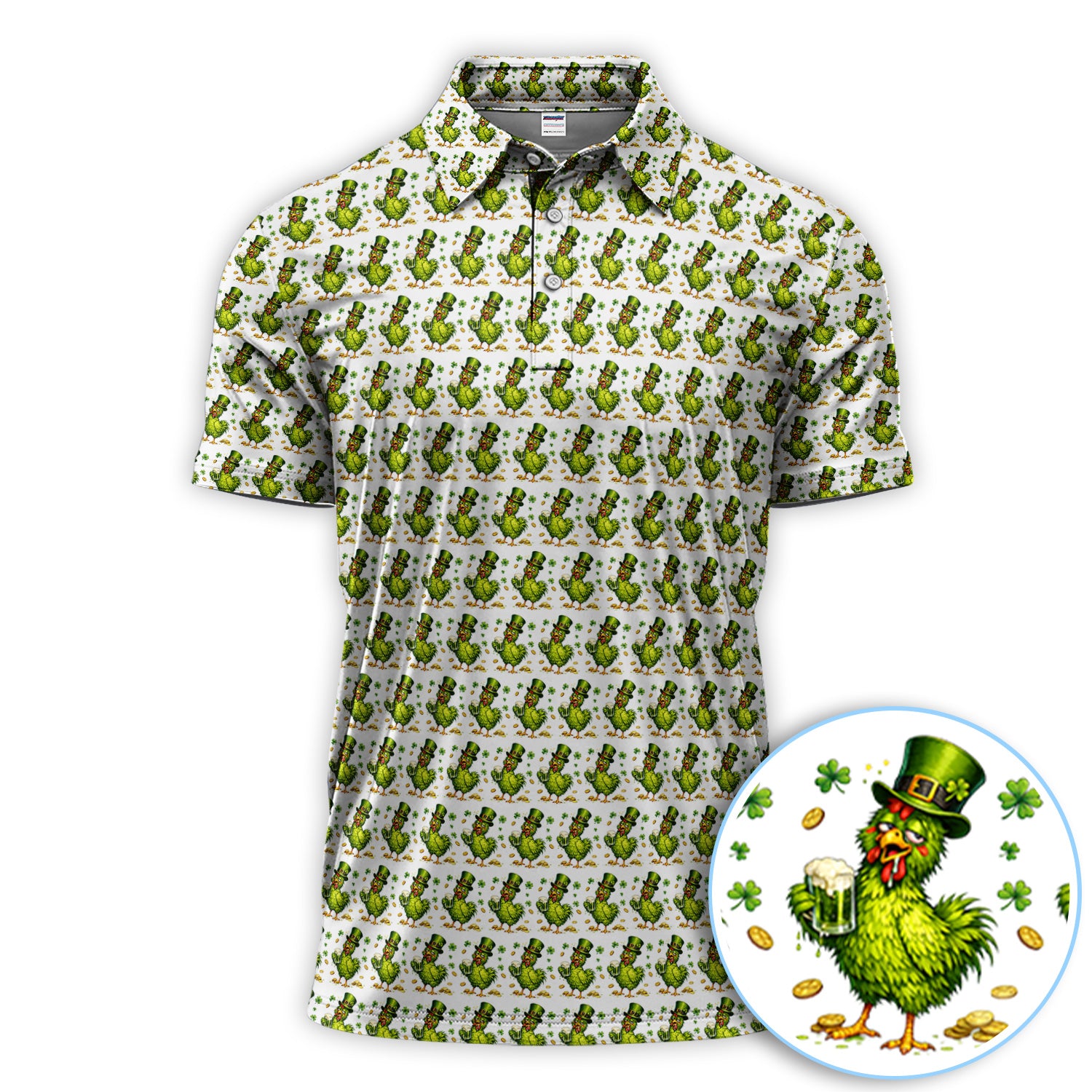 Shamrock Chicken Beer Golf Shirt, St Patrick Green Lucky Chicken Pattern Golf Polos, Golf Gift For Golfer