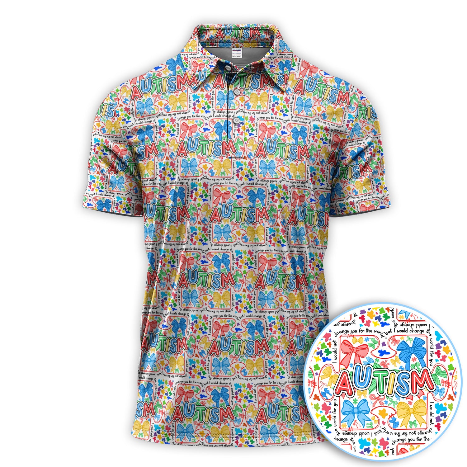 Autism Awareness Golf Shirt, Colorful Puzzle Ribbon Autism Pattern Polo Shirt
