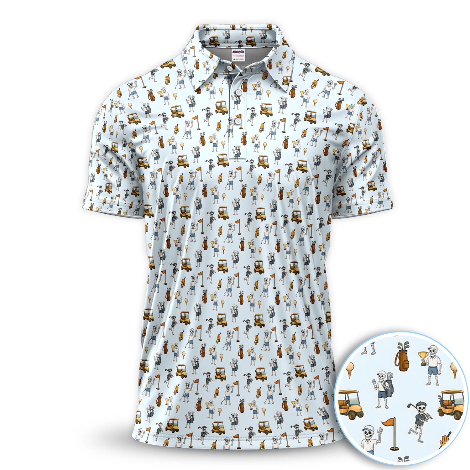 Skeleton Golf Party Polo Shirt for Men – Funny Dancing Golfer and Golf Cart Pattern Shirt