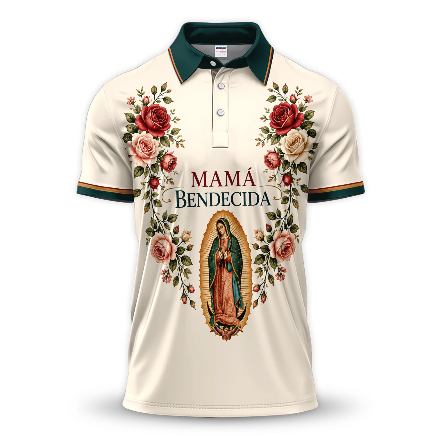 Mamá Bendecida Virgin of Guadalupe Polo Shirt for Men – Catholic Floral Mother’s Day Polo