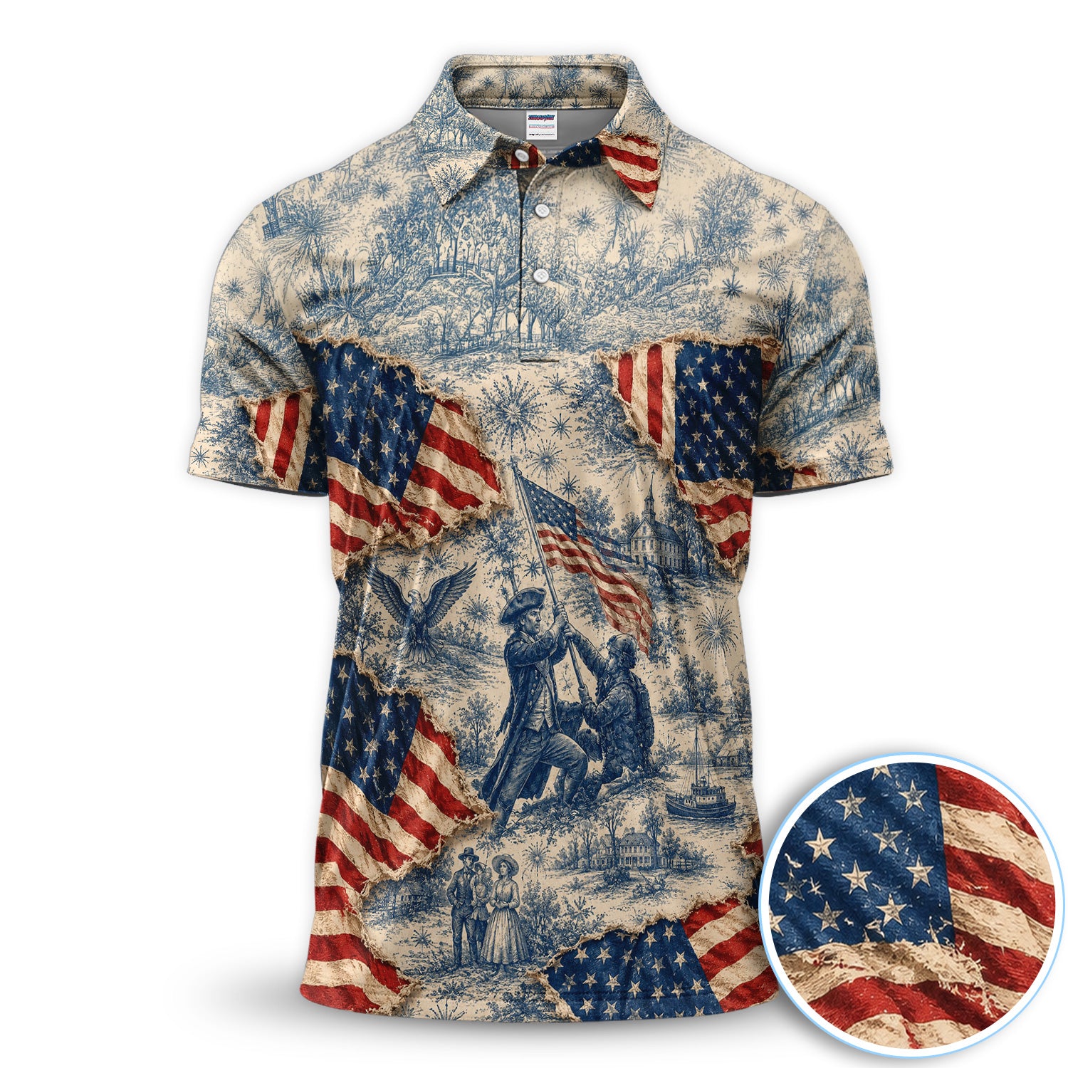 Vintage Patriotic Colonial Golf Pattern Shirt, American Flag Golf Shirt For Men, 4th Of July Gift