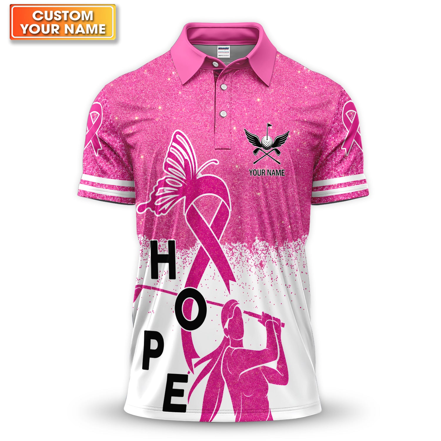 Hope Pink Ribbon Custom Name Golfer Polo for Men - Personalized Breast Cancer Awareness Golf Polo Shirt