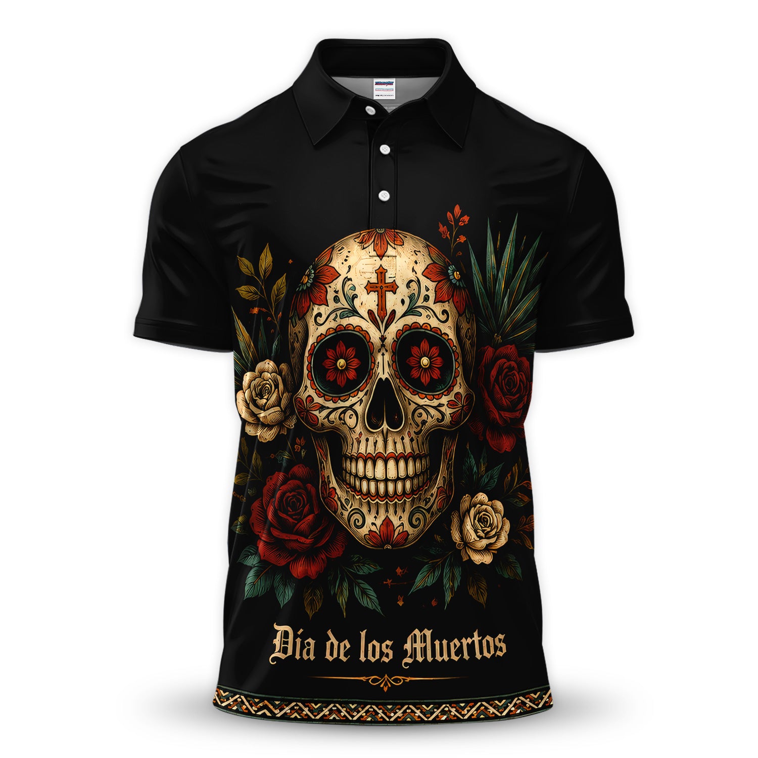 Día de los Muertos Sugar Skull Polo Shirt for Men – Mexican Heritage Calavera Floral Button Polo, Day of the Dead Party Shirt