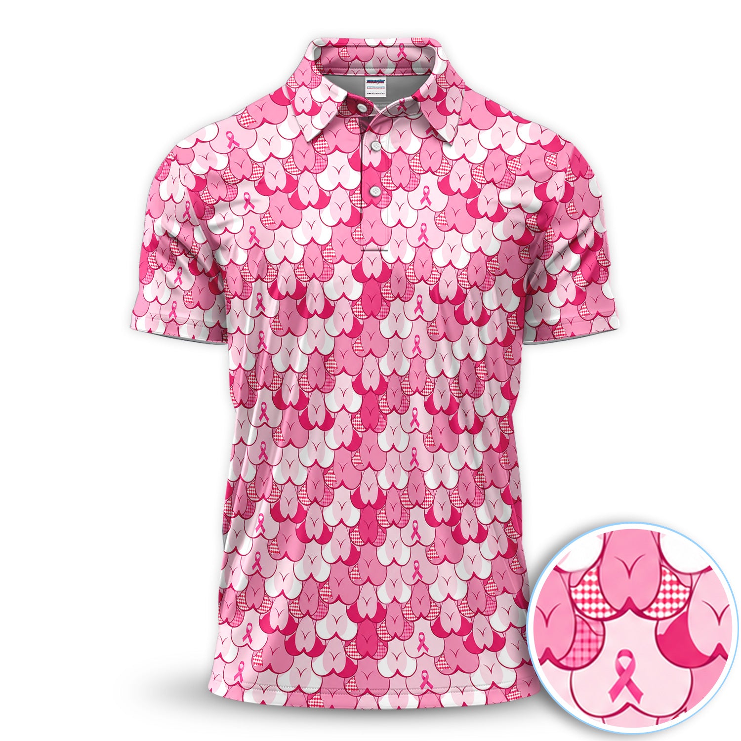 Pink Ribbon Support Polo for Men - Breast Cancer Awareness Heart Pattern Polo Shirt