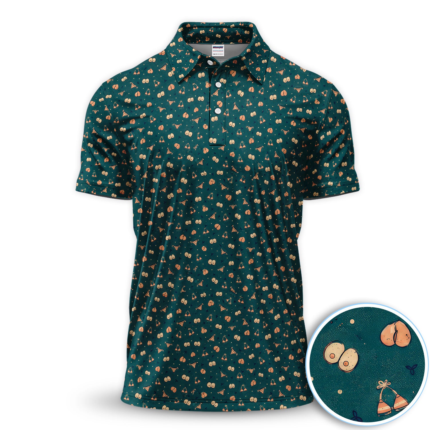 Funny Adult Humor Polo Shirt for Men – Dark Teal Cheeky Peach & Hidden Sexy Pattern Party Polo for Dad & Husband Gift
