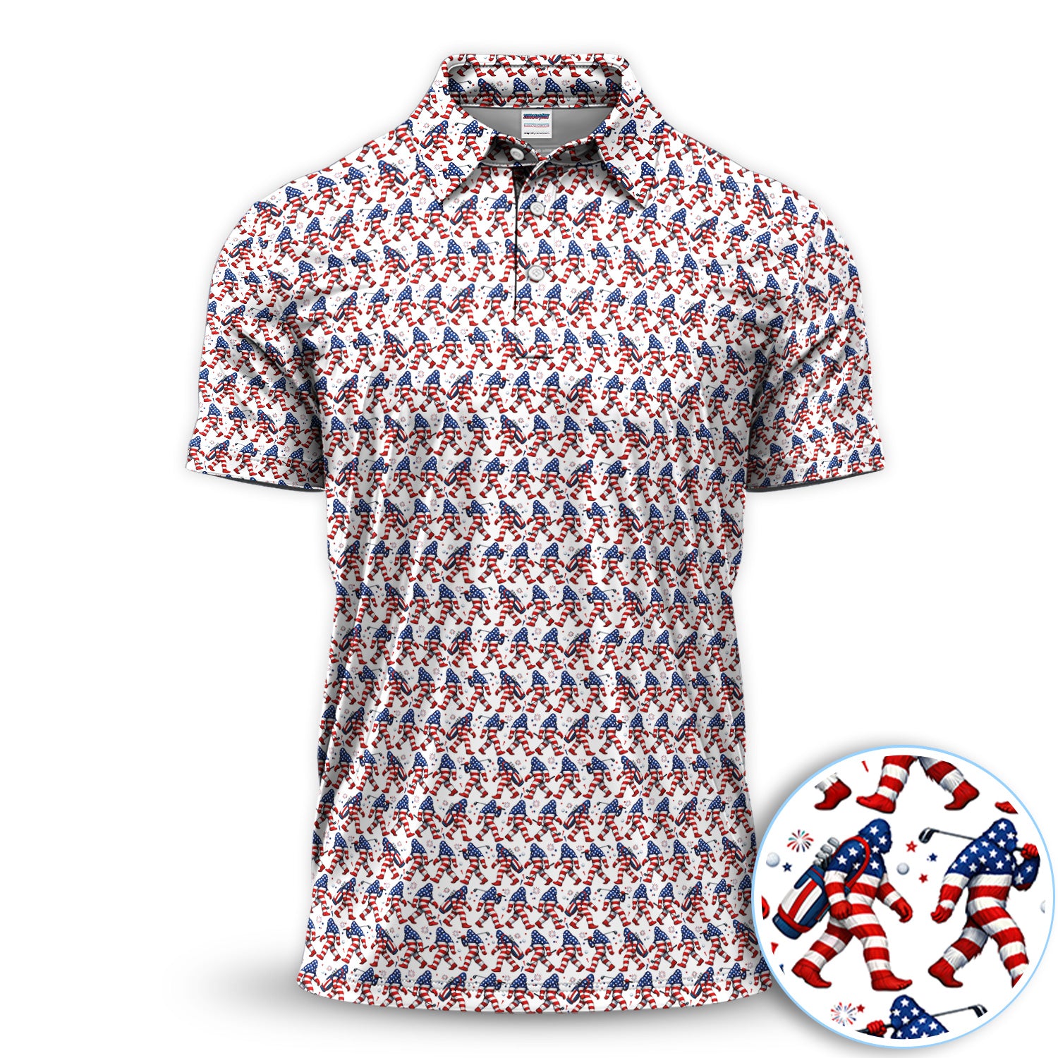 Patriotic Bigfoot Golf Pattern Shirt, American Flag Sasquatch Golf Shirt For Men, 4th Of July Gift