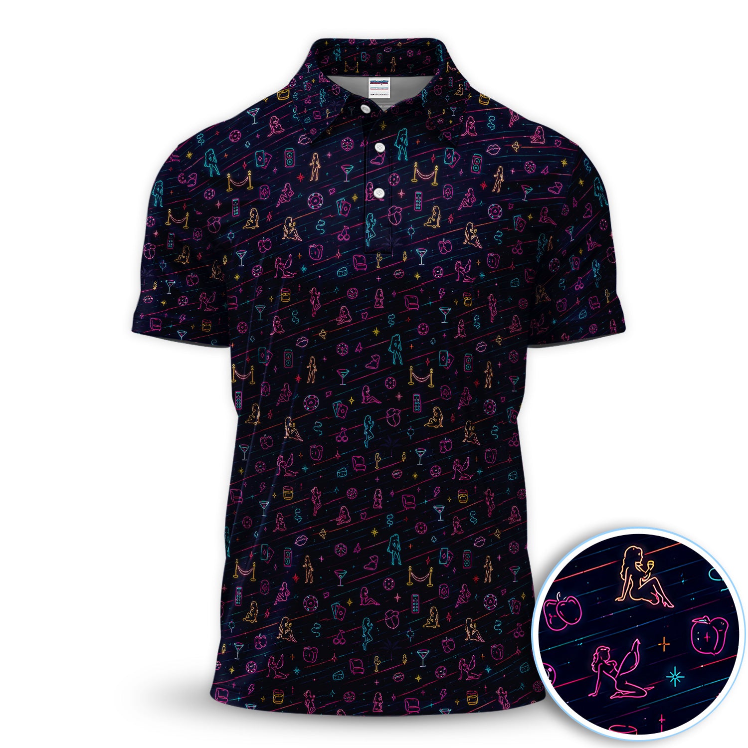 Funny Adult Humor Neon Casino Polo Shirt for Men – Hidden Pin-Up Vegas Lounge Party Shirt, Bachelor Night Gift