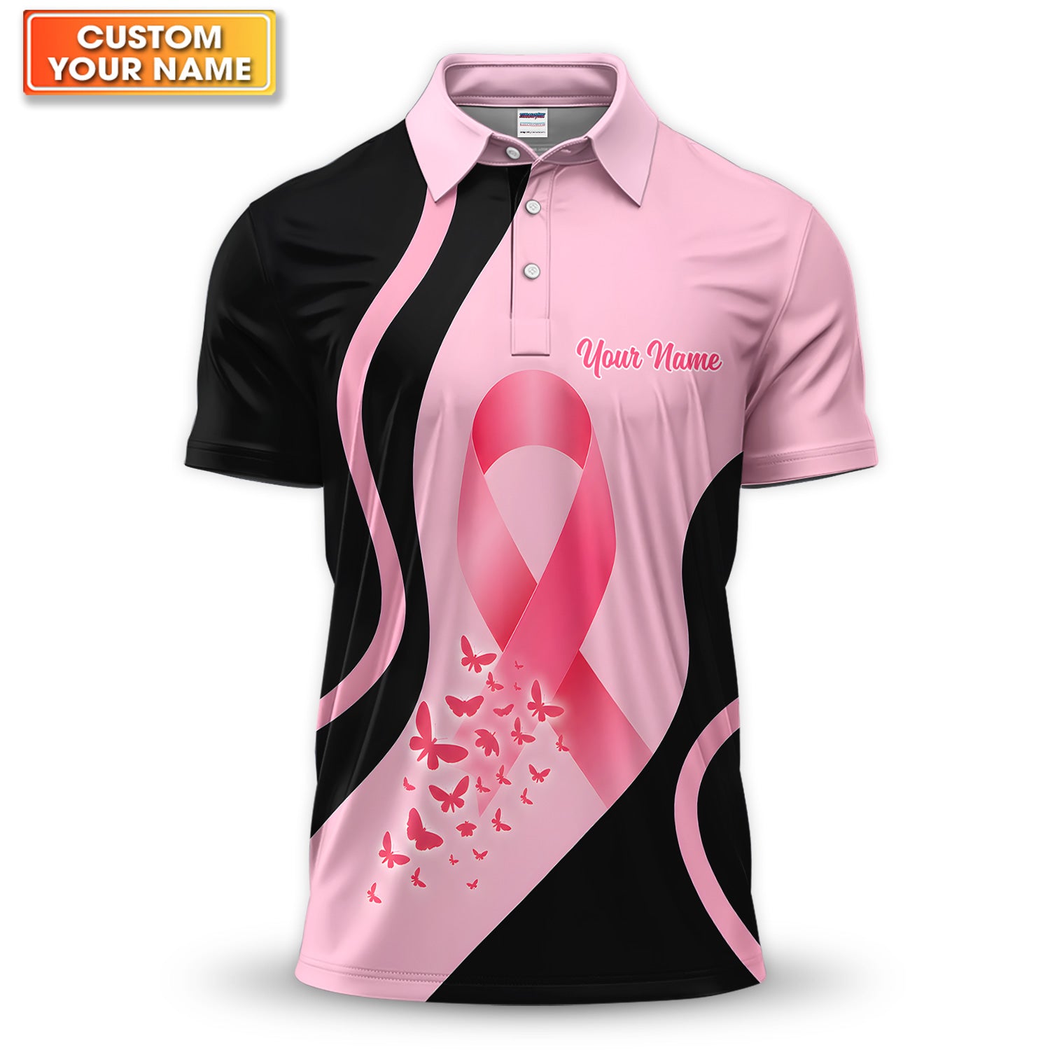 Pink Ribbon Butterfly Custom Name Polo for Men - Breast Cancer Awareness Polo Shirt