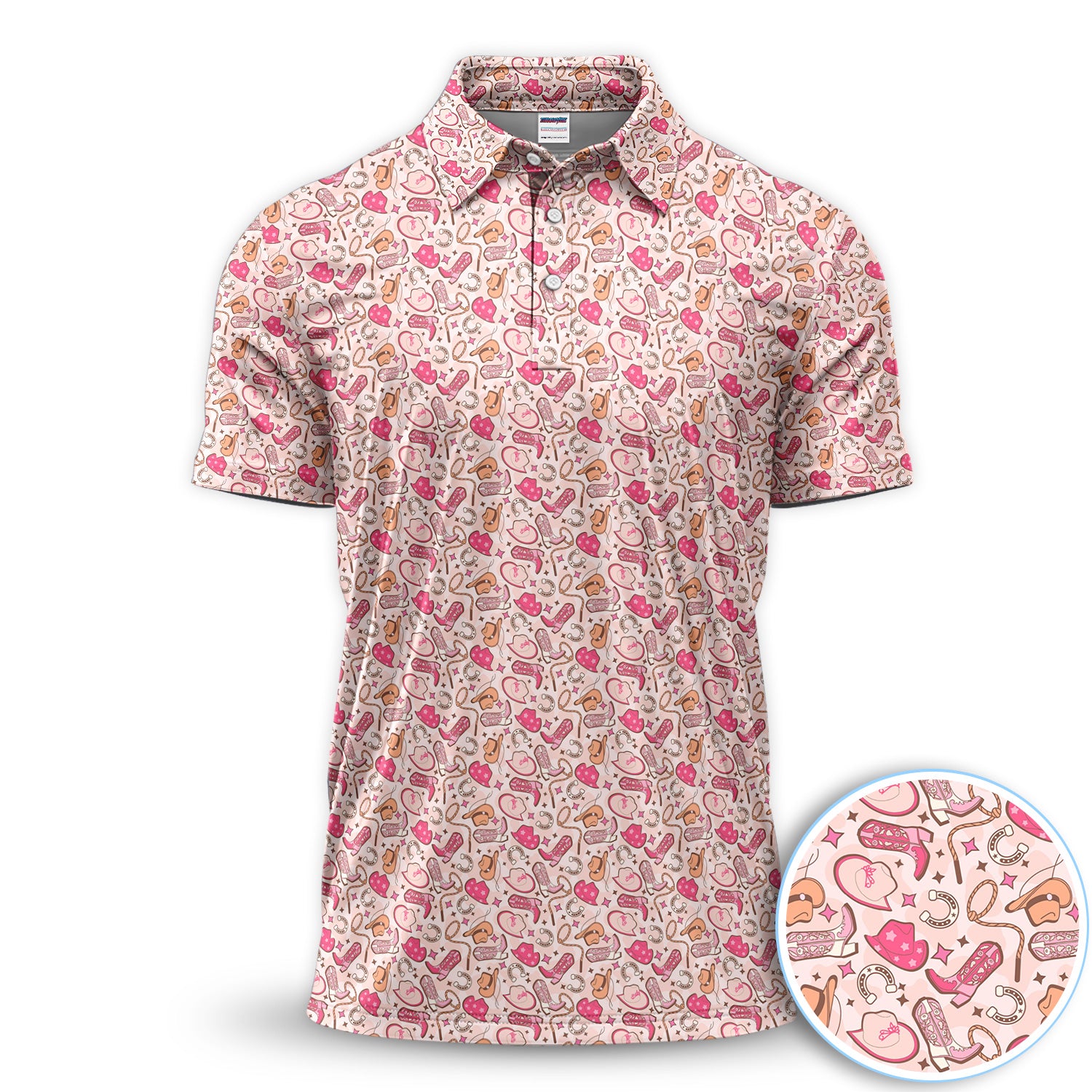 Pink Cowgirl Pattern Polo Shirt, Western Boots Hat Horseshoe Pattern Shirt, Cowgirl Lover Gift