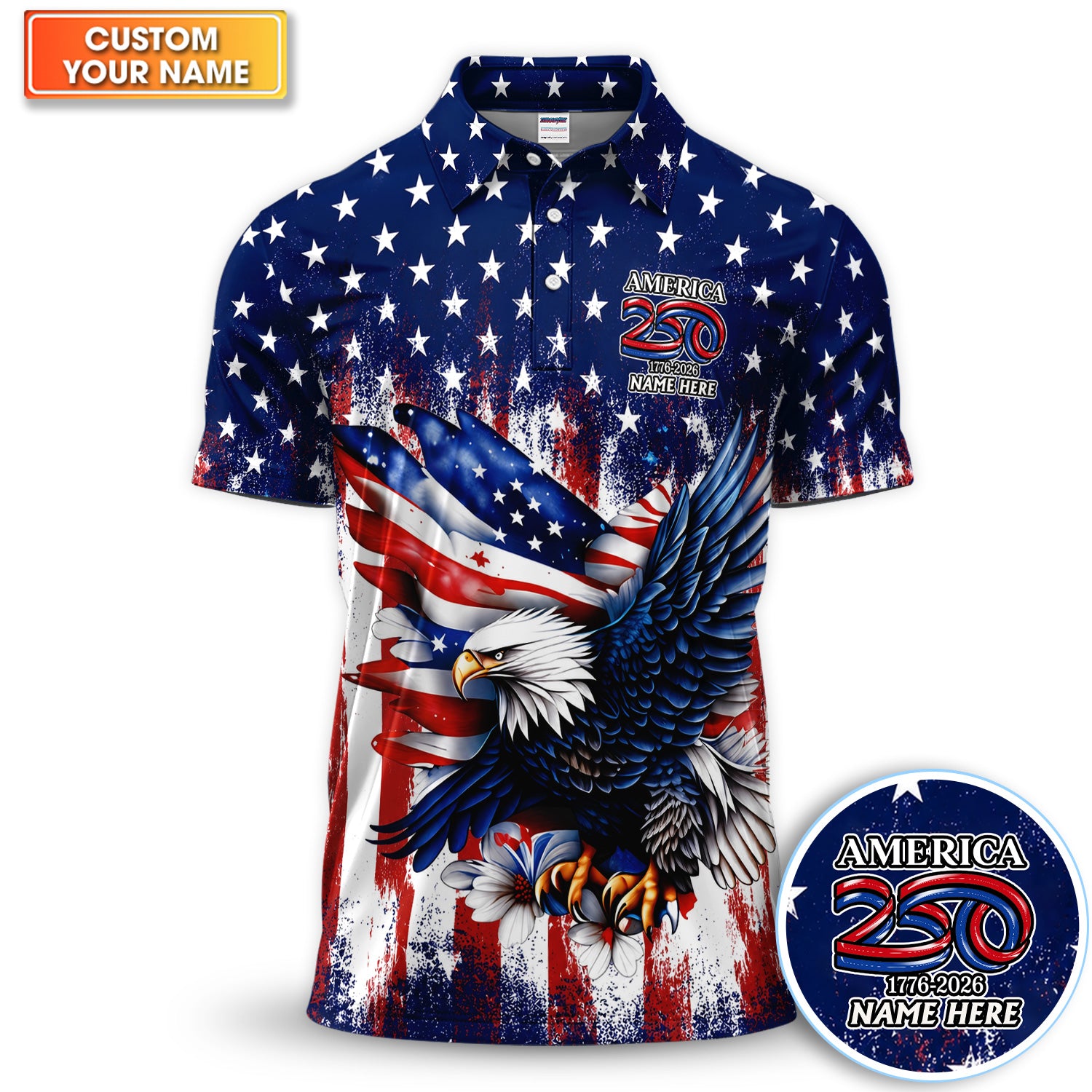 Personalized Patriotic Eagle Golf Pattern Shirt, America 250 Eagle Golf Shirt For Men, 4th Of July Gift