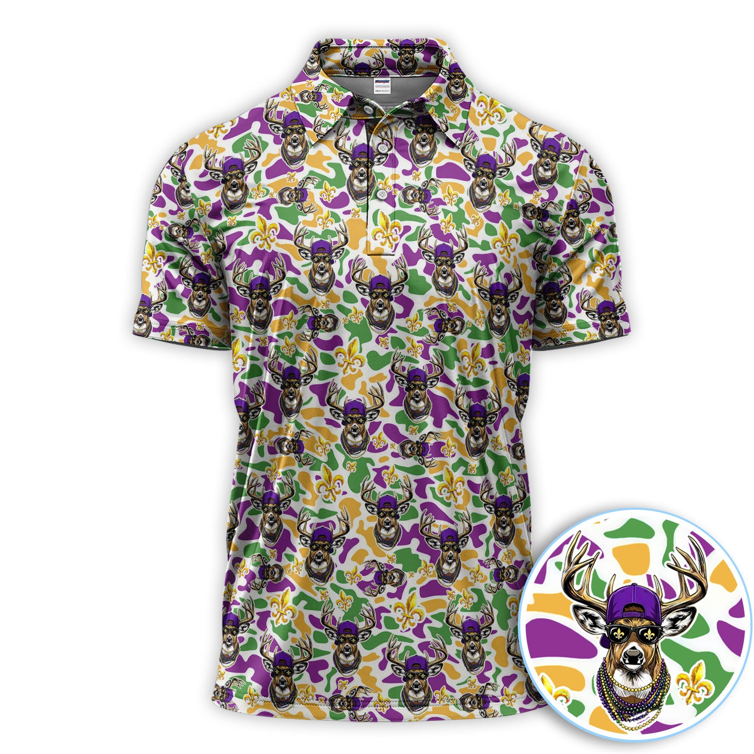 Mardi Gras Golf Polos For Golfer, Festival Deer Pattern Golf Shirt, Golf Gift For Men