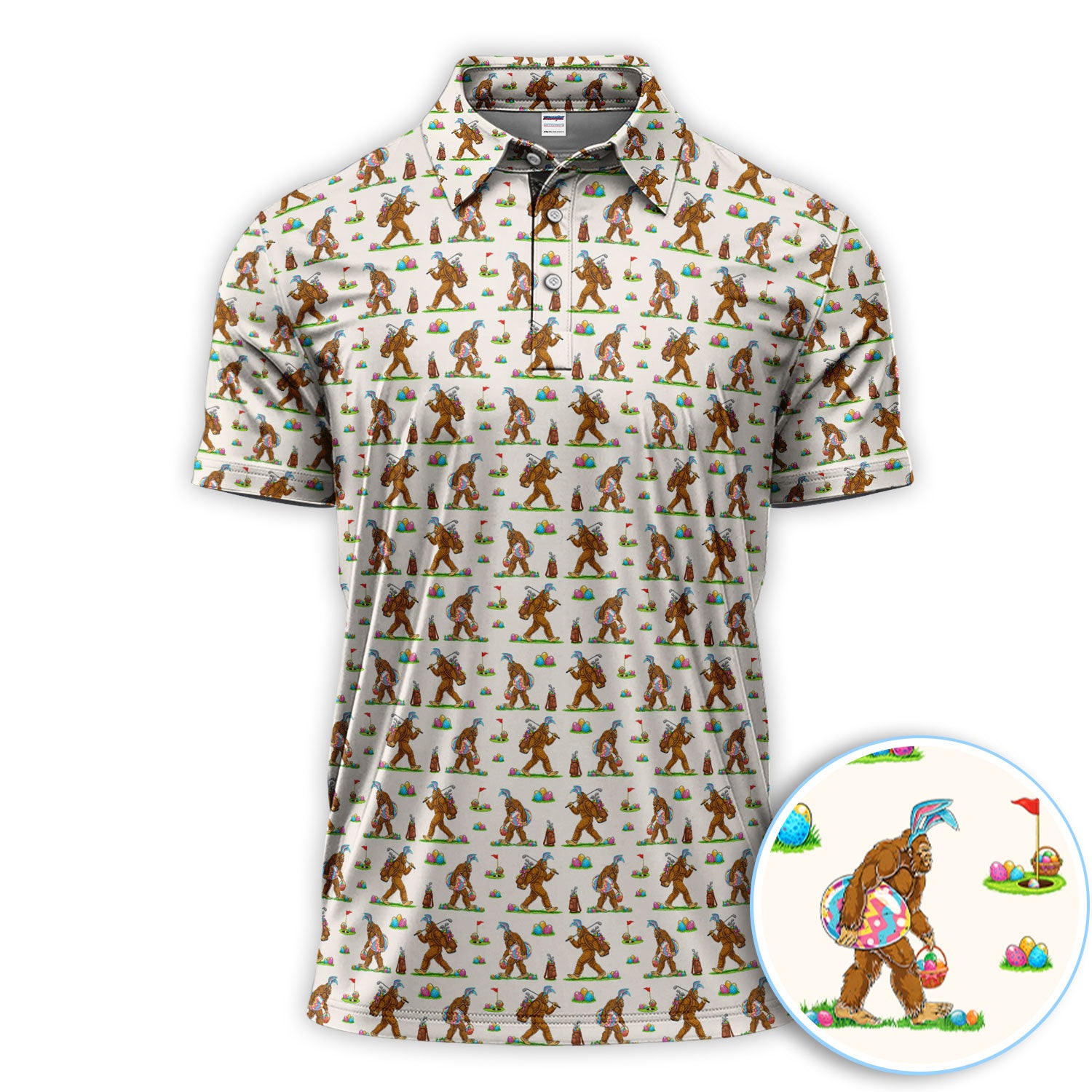 Bigfoot Easter Pattern Golf Polos, Bunny Sasquatch Golf Shirt For Men, Easter Day Shirt For Golfer