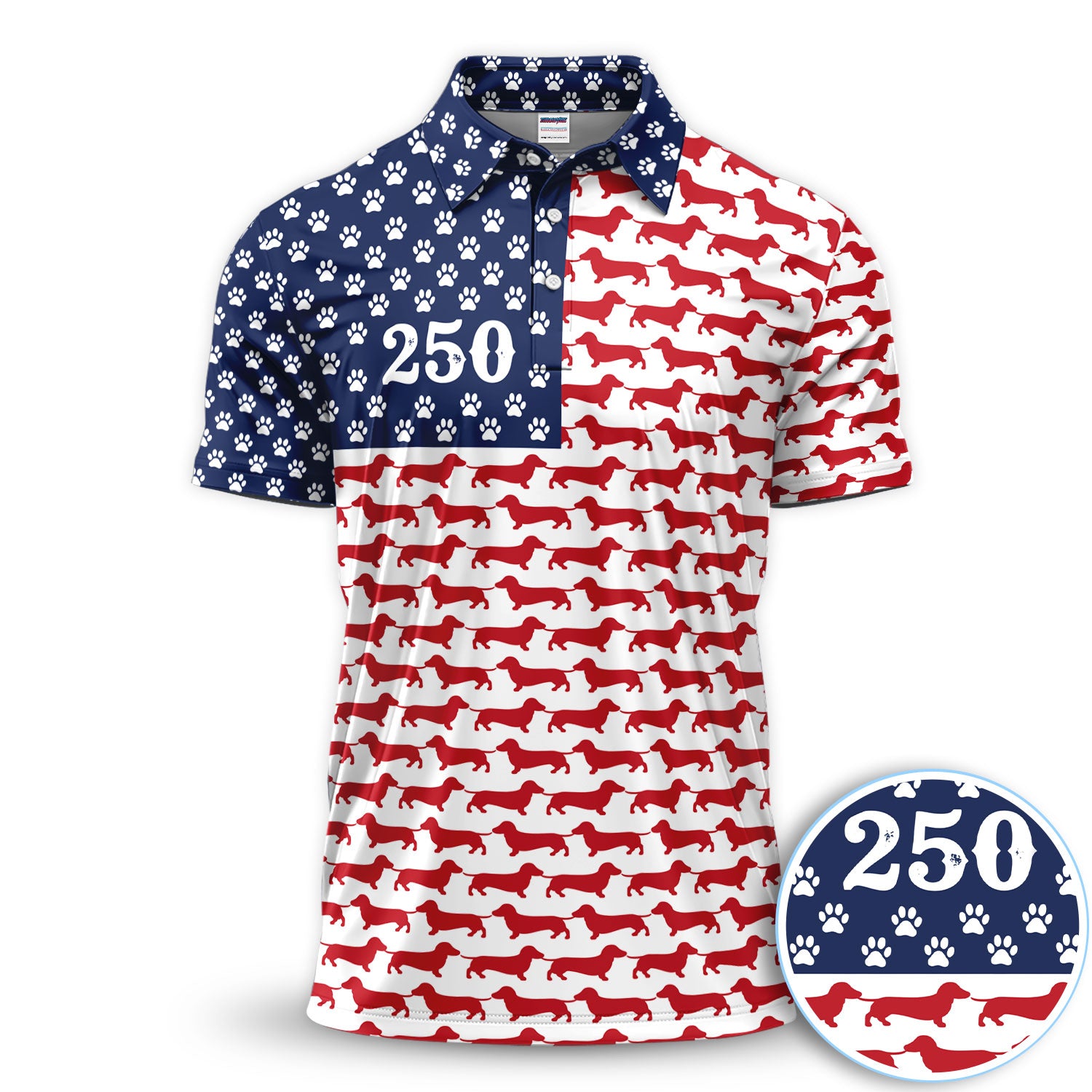 Dachshund USA Flag 250 Pattern Golf Polos, Crazy Dachshund Golf Shirt For Men, Funny Golf Shirt