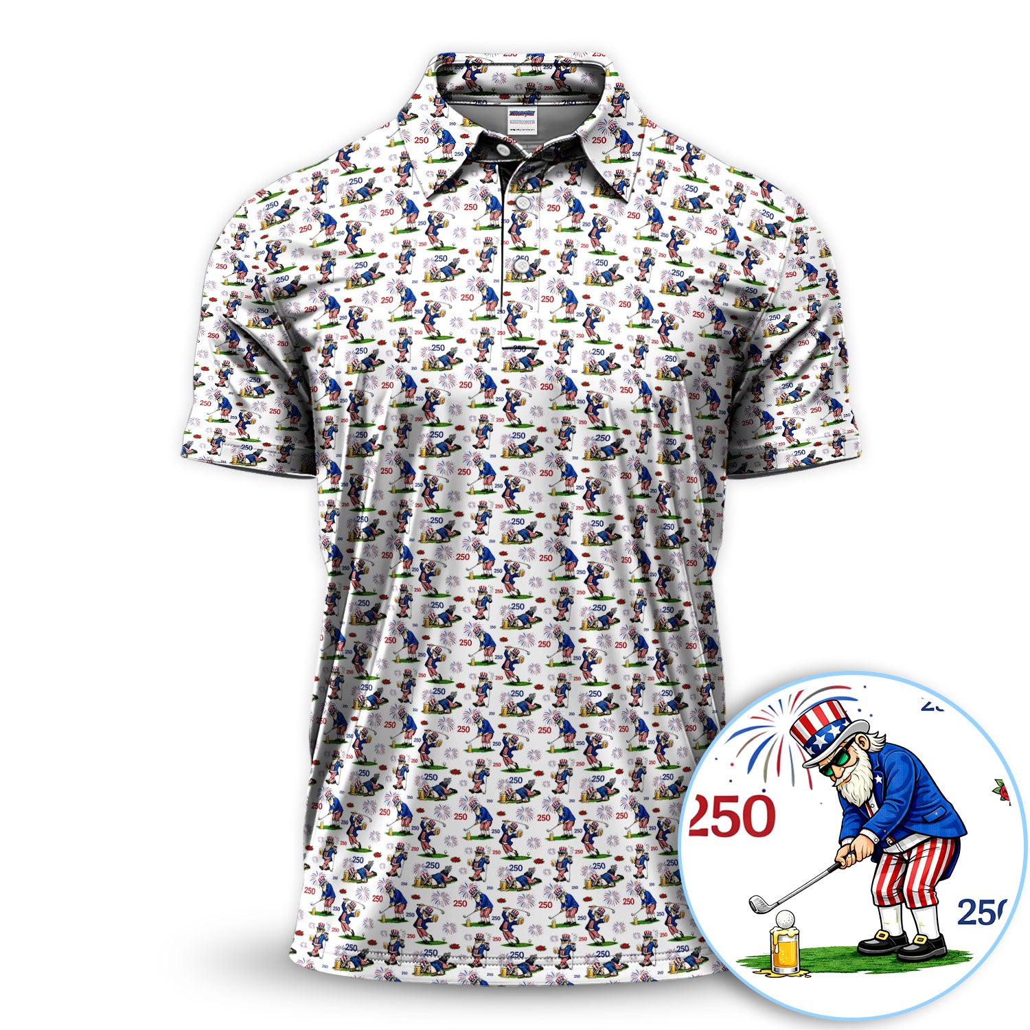 Patriotic Uncle Sam Golfer Men Polo Shirt, 250 Fireworks Pattern, Golfer Gift