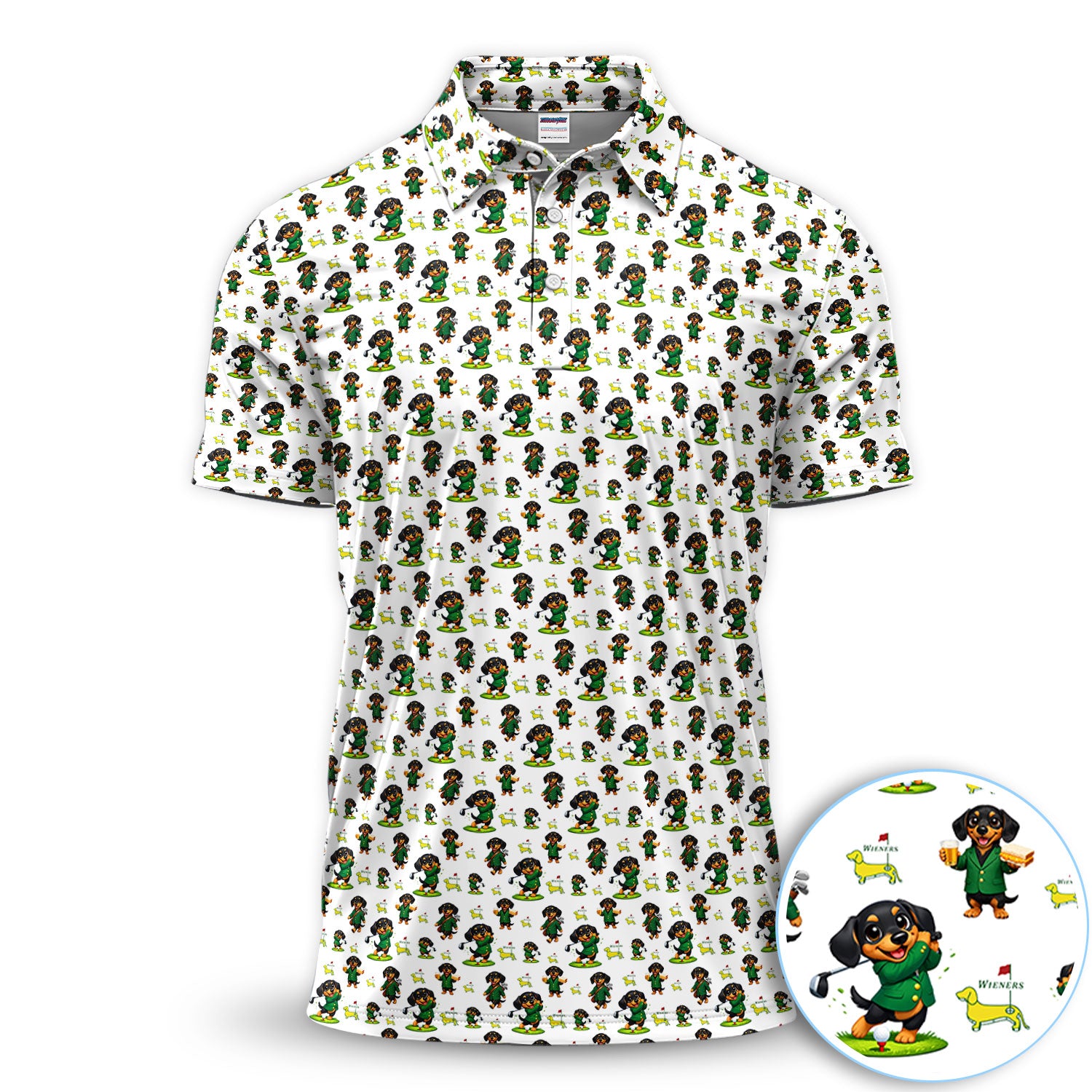Funny Dachshund Golfing Golf Polos, Wiener Dog Pattern Golf Shirt For Men, Lucky Golf Vibes
