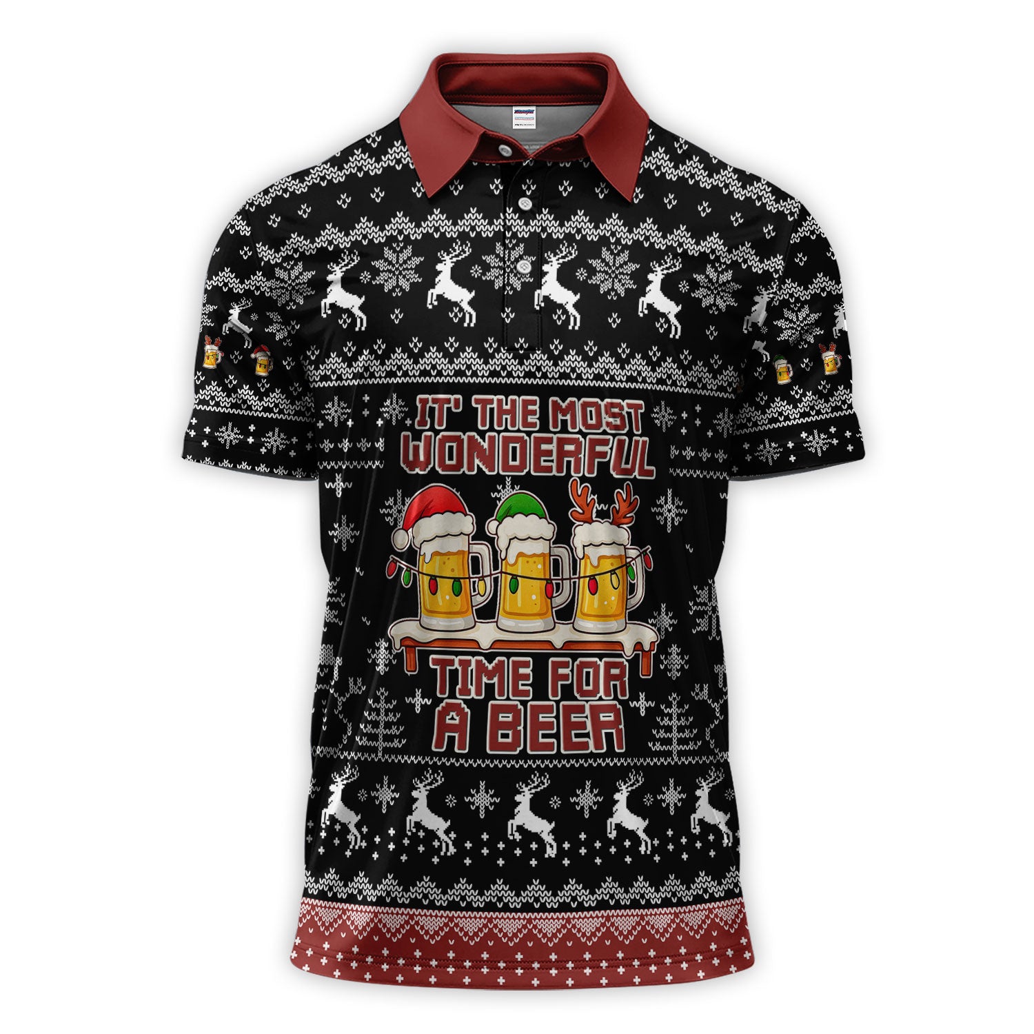 Funny Christmas Beer Pattern Polos, Festive Xmas Drinking Shirt, Holiday Polos Golf Gift For Men