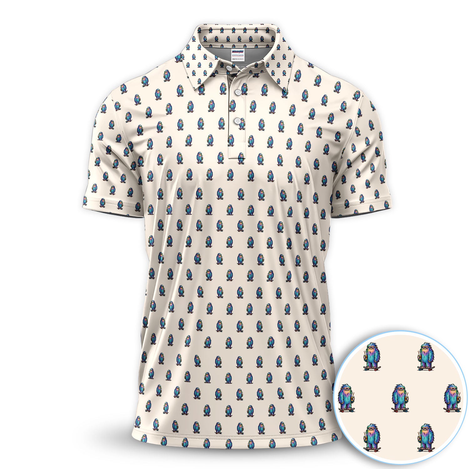 Funny Yeti Pattern Golf Polos, Bigfoot Coffee Skateboard Golf Shirt, Crazy Golf Shirts For Men