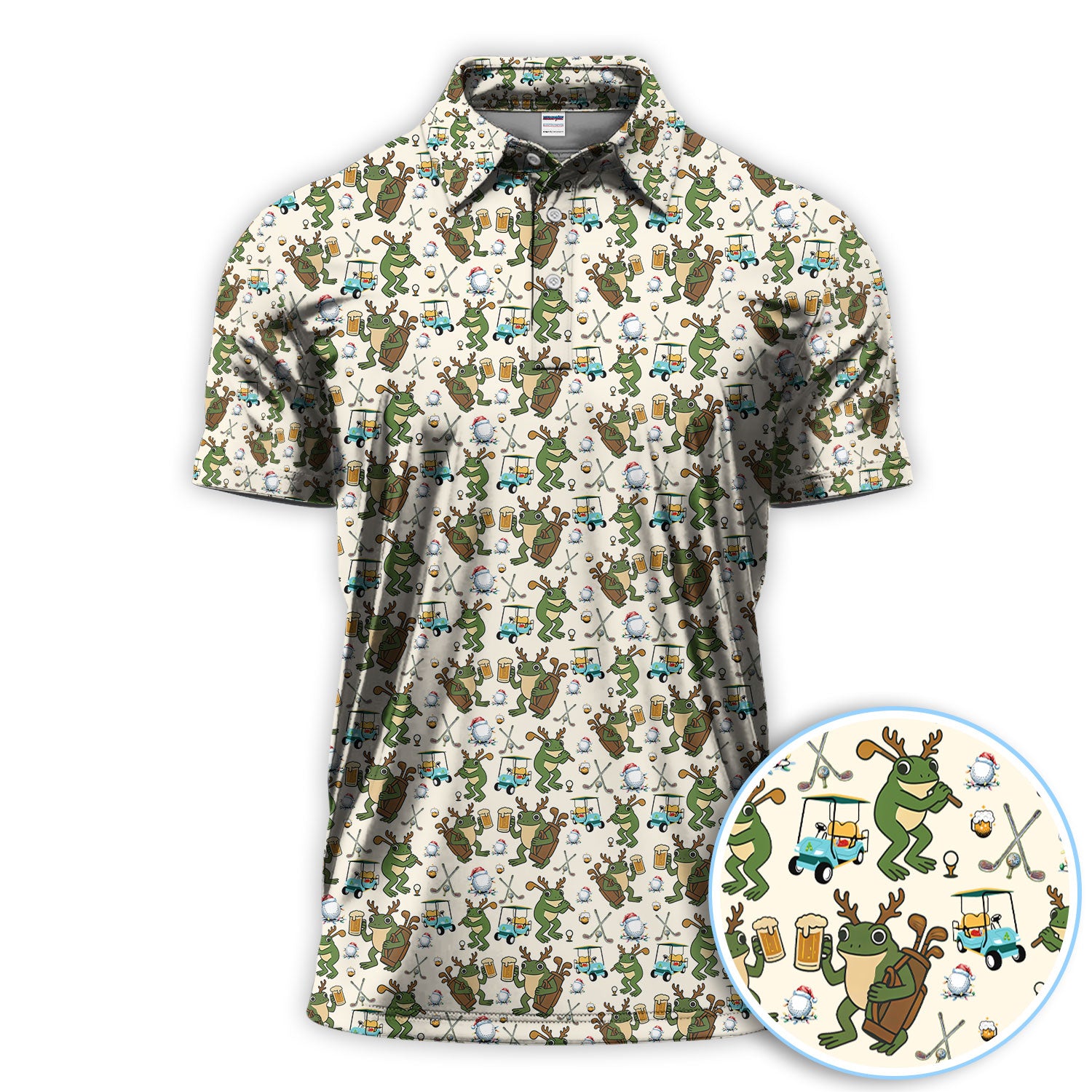 Funny Frog Golf And Beer Shirt For Men, Christmas Golf Pattern Polos, Golf Gift For Golfers