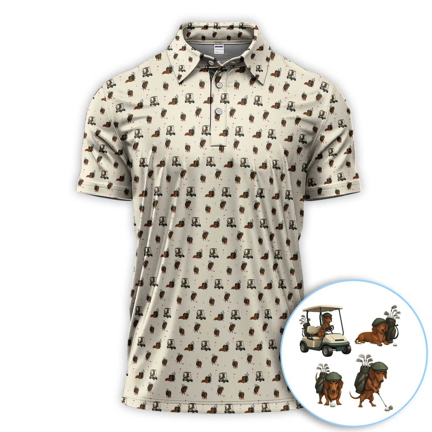 Funny Dachshund Golf Shirt, Wiener Dog Pattern Polos For Men, Golf Gift For Golfers